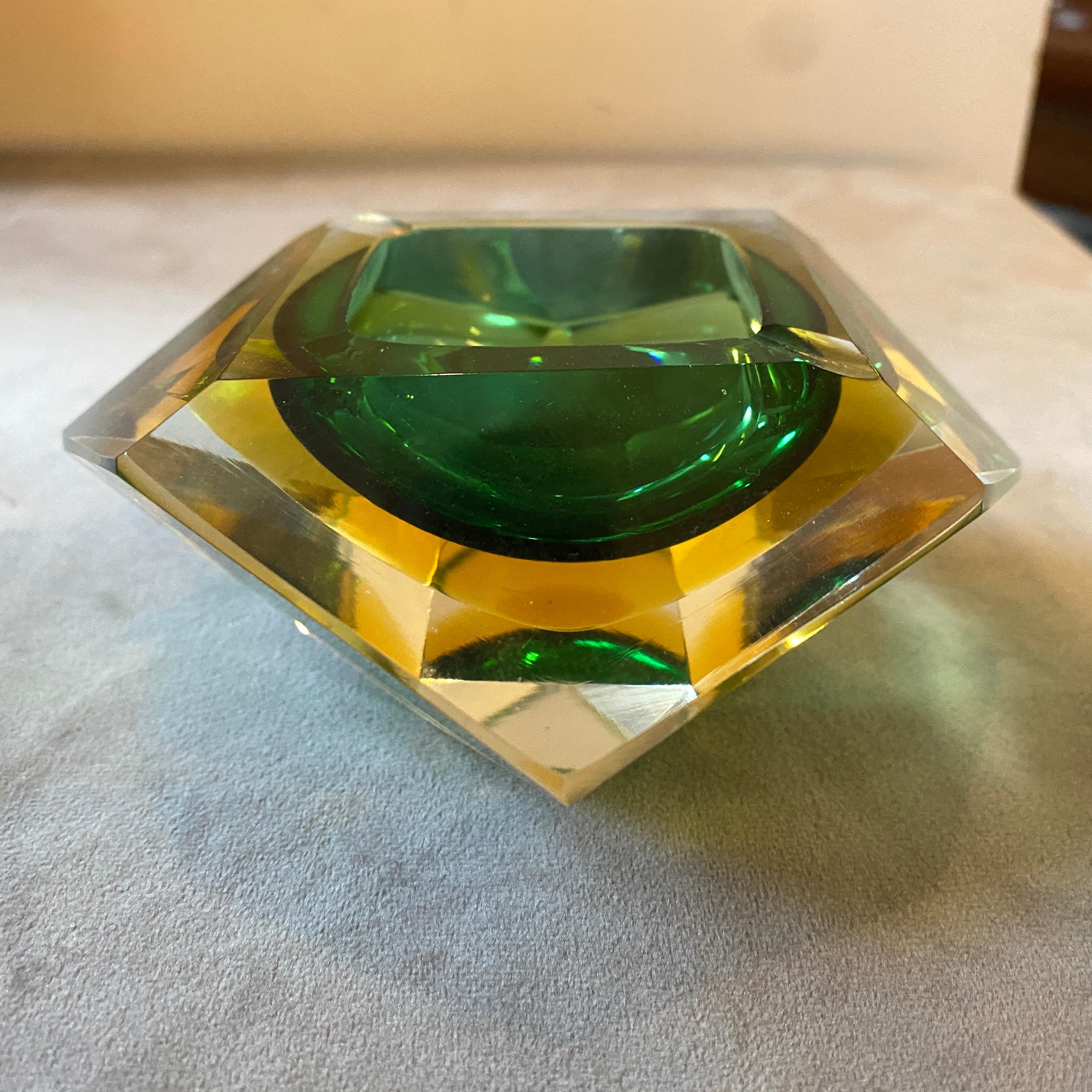 Italian 1970s Modernist Faceted Yellow and Green Sommerso Murano Glass Ashtray by Seguso