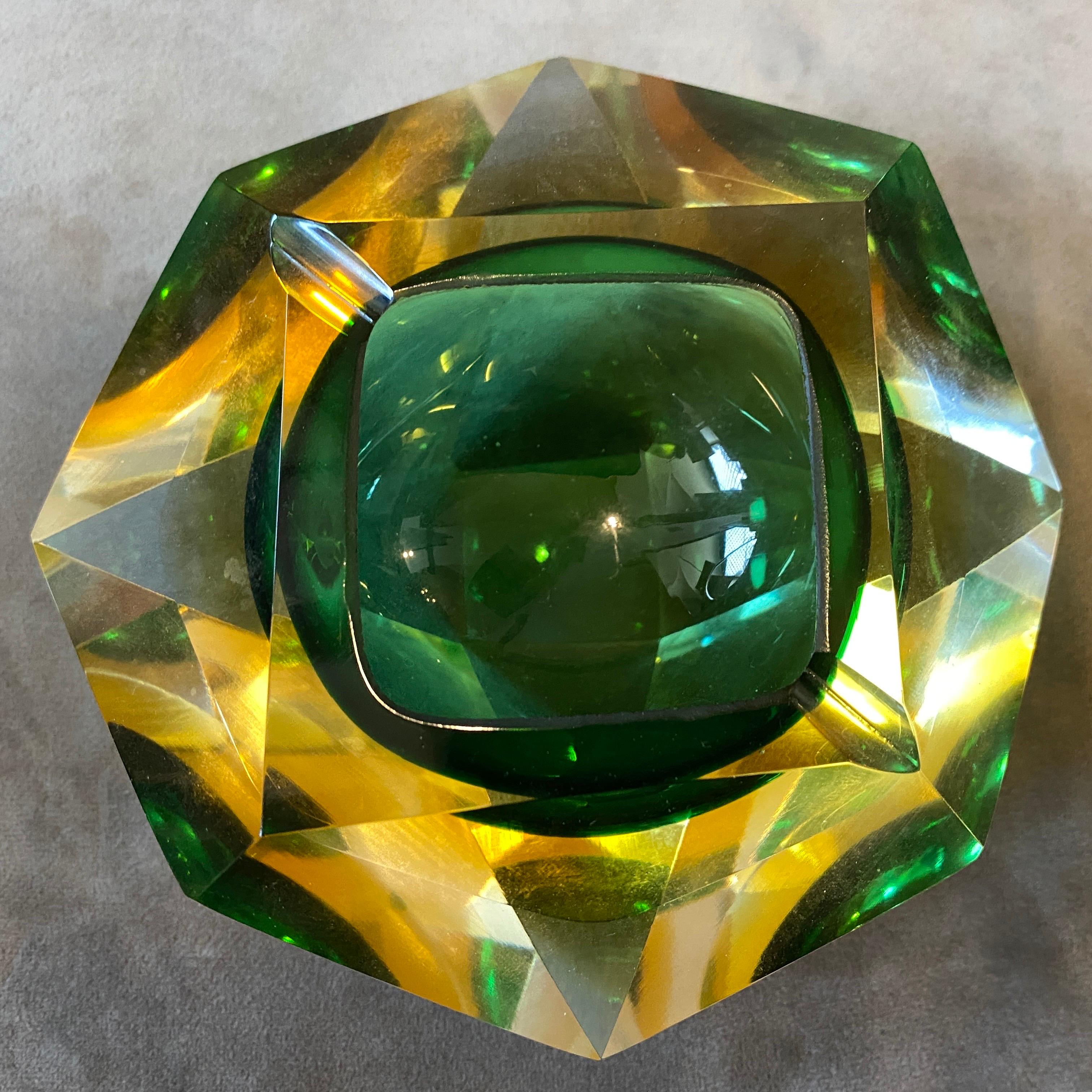 Hand-Crafted 1970s Modernist Faceted Yellow and Green Sommerso Murano Glass Ashtray by Seguso