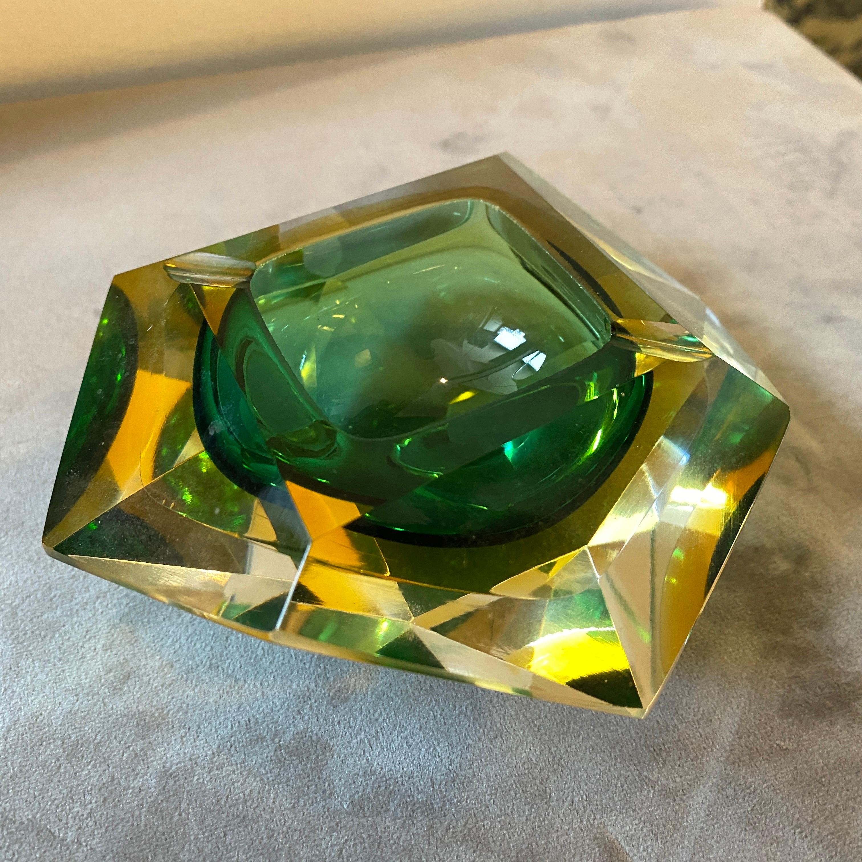 20th Century 1970s Modernist Faceted Yellow and Green Sommerso Murano Glass Ashtray by Seguso
