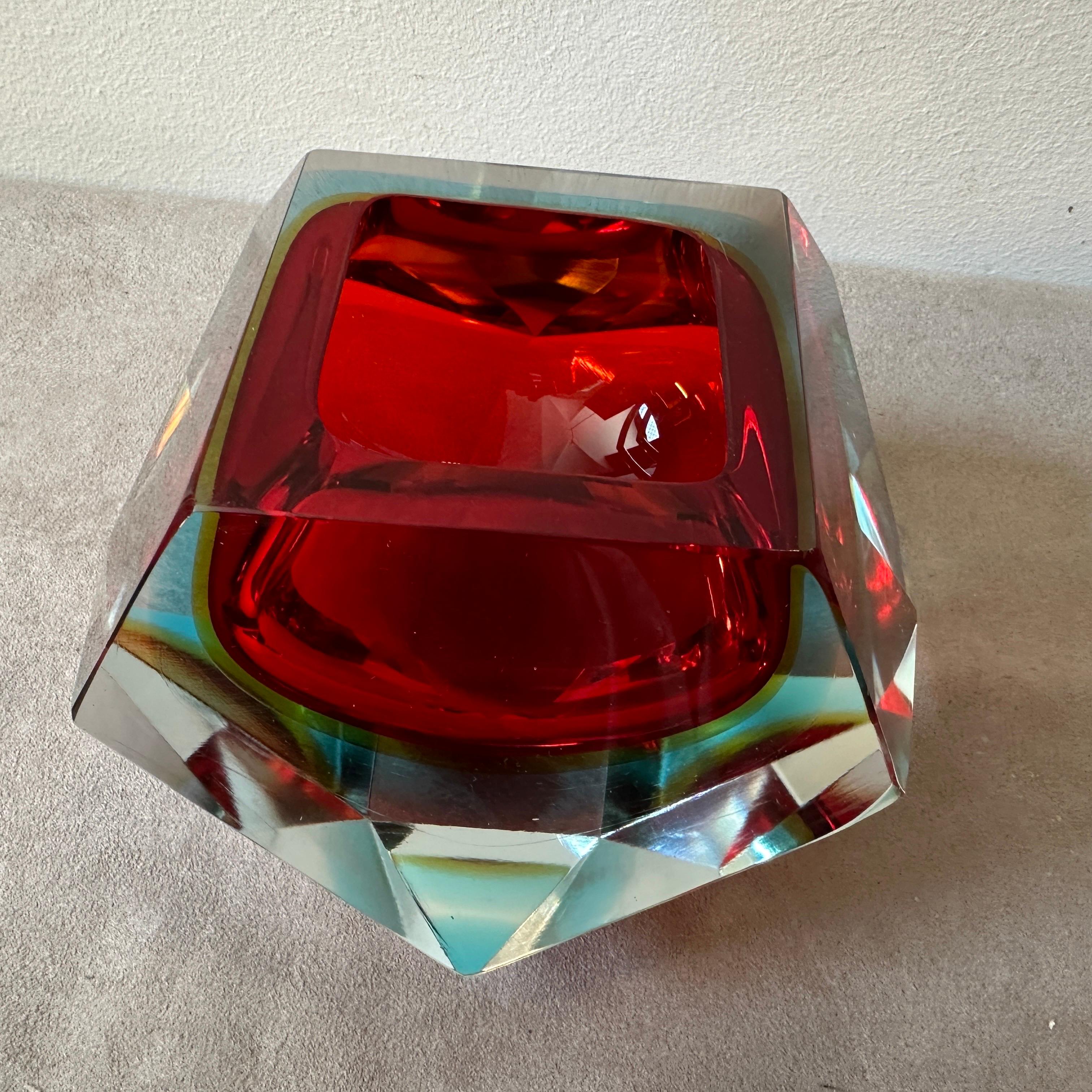 Italian 1970s Modernist Faceted Sommerso Murano Glass Big Ashtray by Seguso For Sale