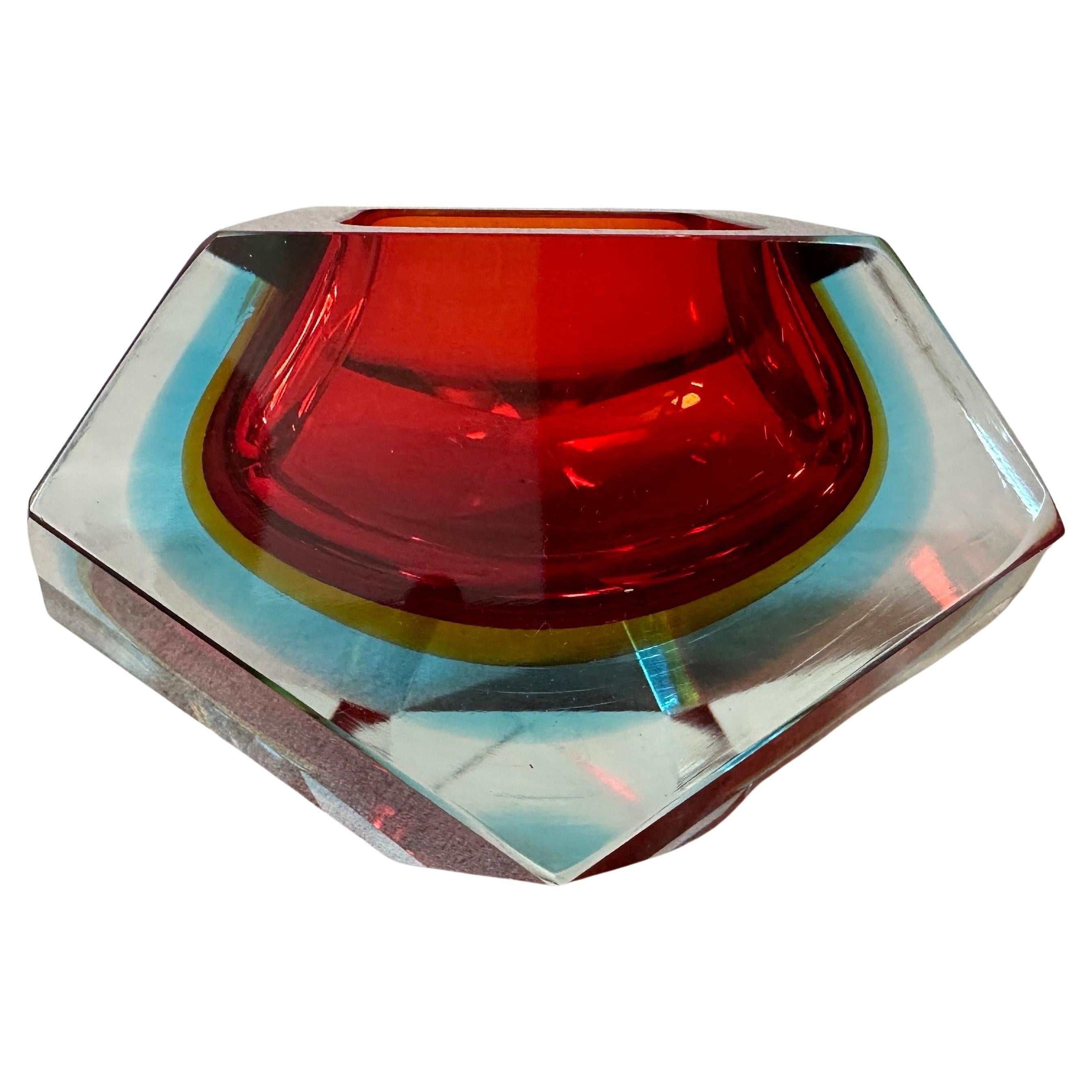 1970s Modernist Faceted Sommerso Murano Glass Big Ashtray by Seguso For Sale