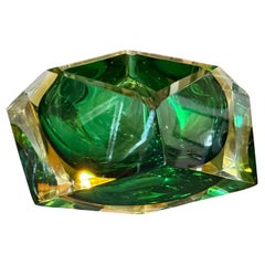 Vintage 1970s Modernist Faceted Yellow and Green Sommerso Murano Glass Ashtray by Seguso