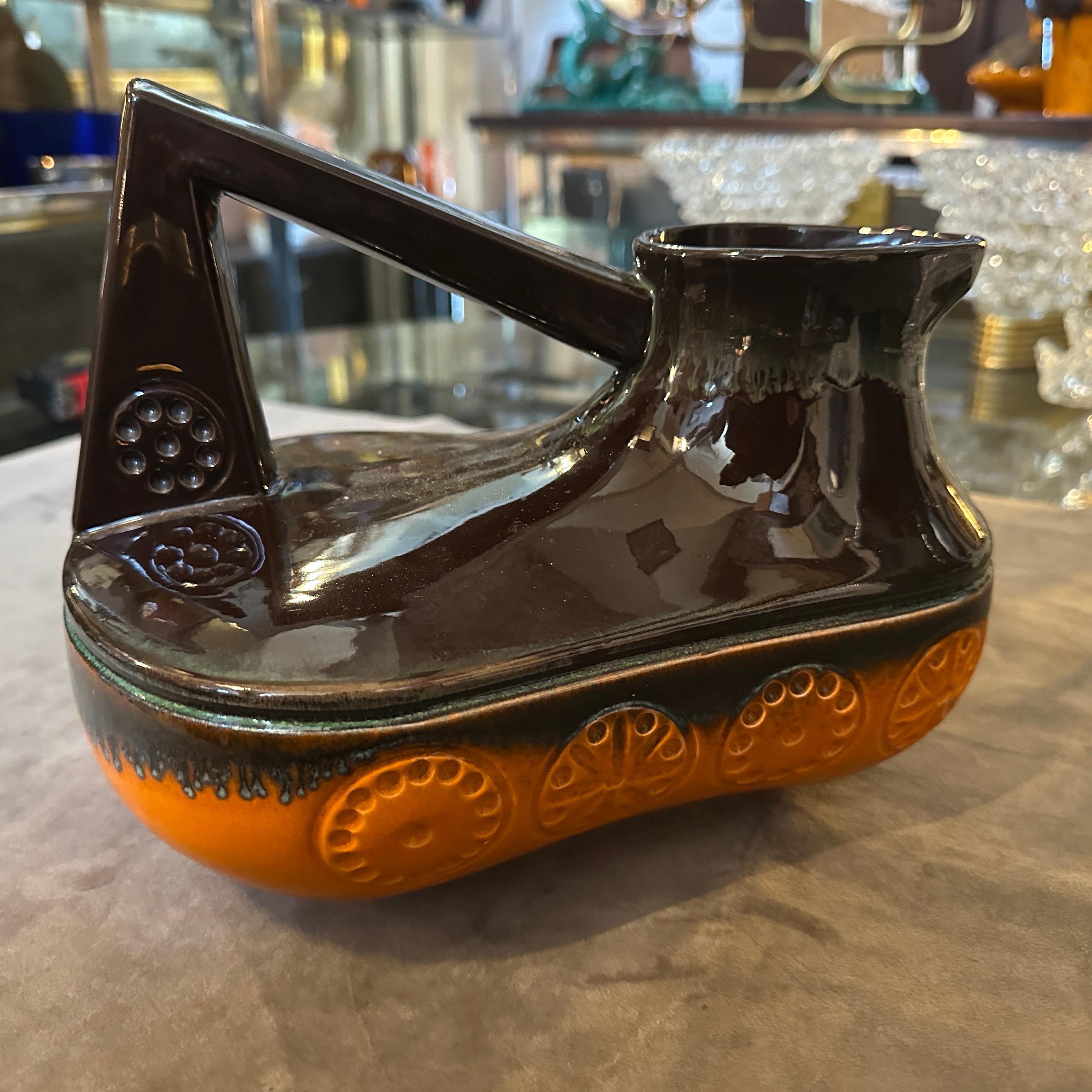 Cruche ouest-allemande moderniste des années 1970 en céramique Fat Lava Brown et Orange en vente 4