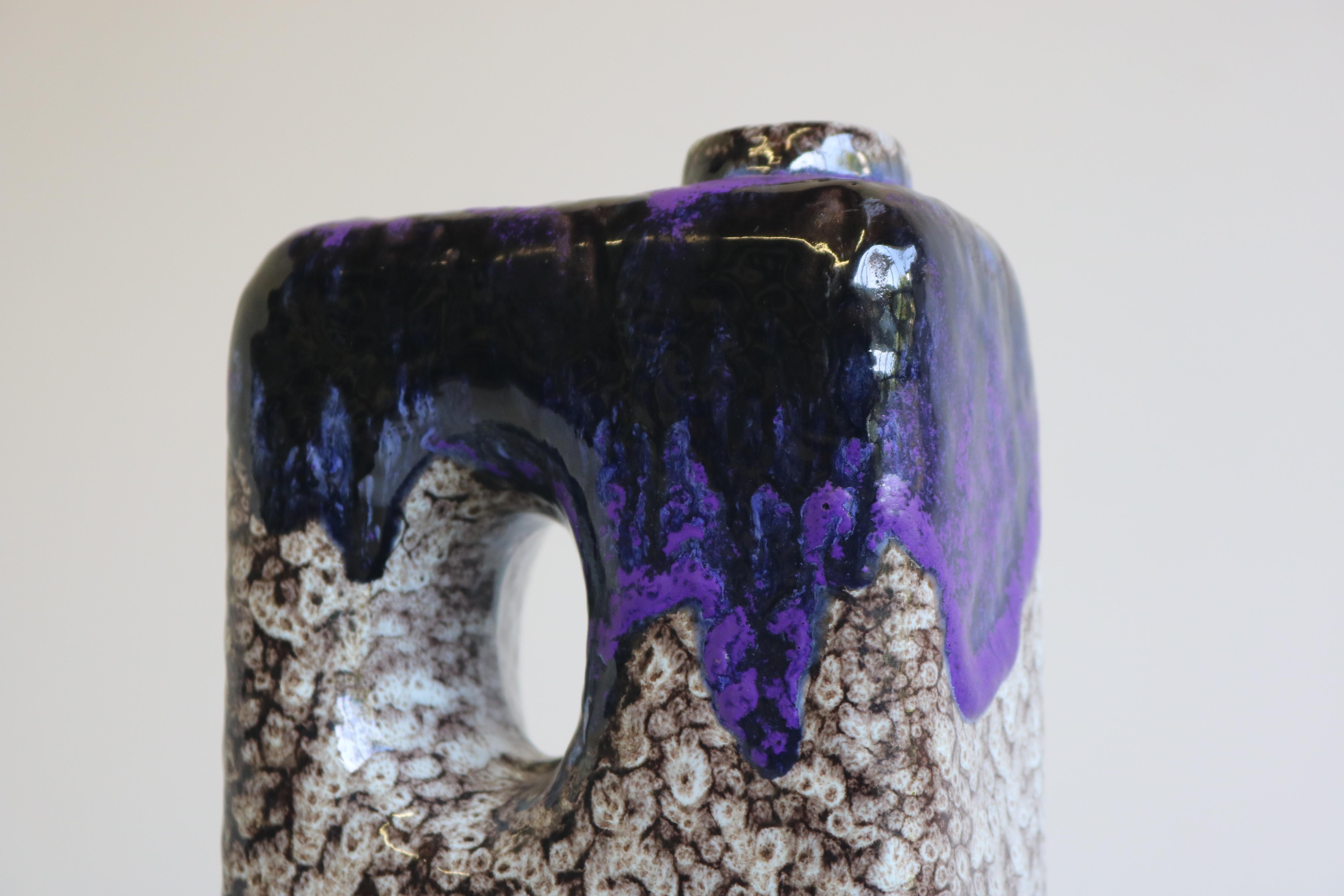 1970s Modernist Fat Lava Purple Black White Ceramic Square Vase by Marei Keramik For Sale 6