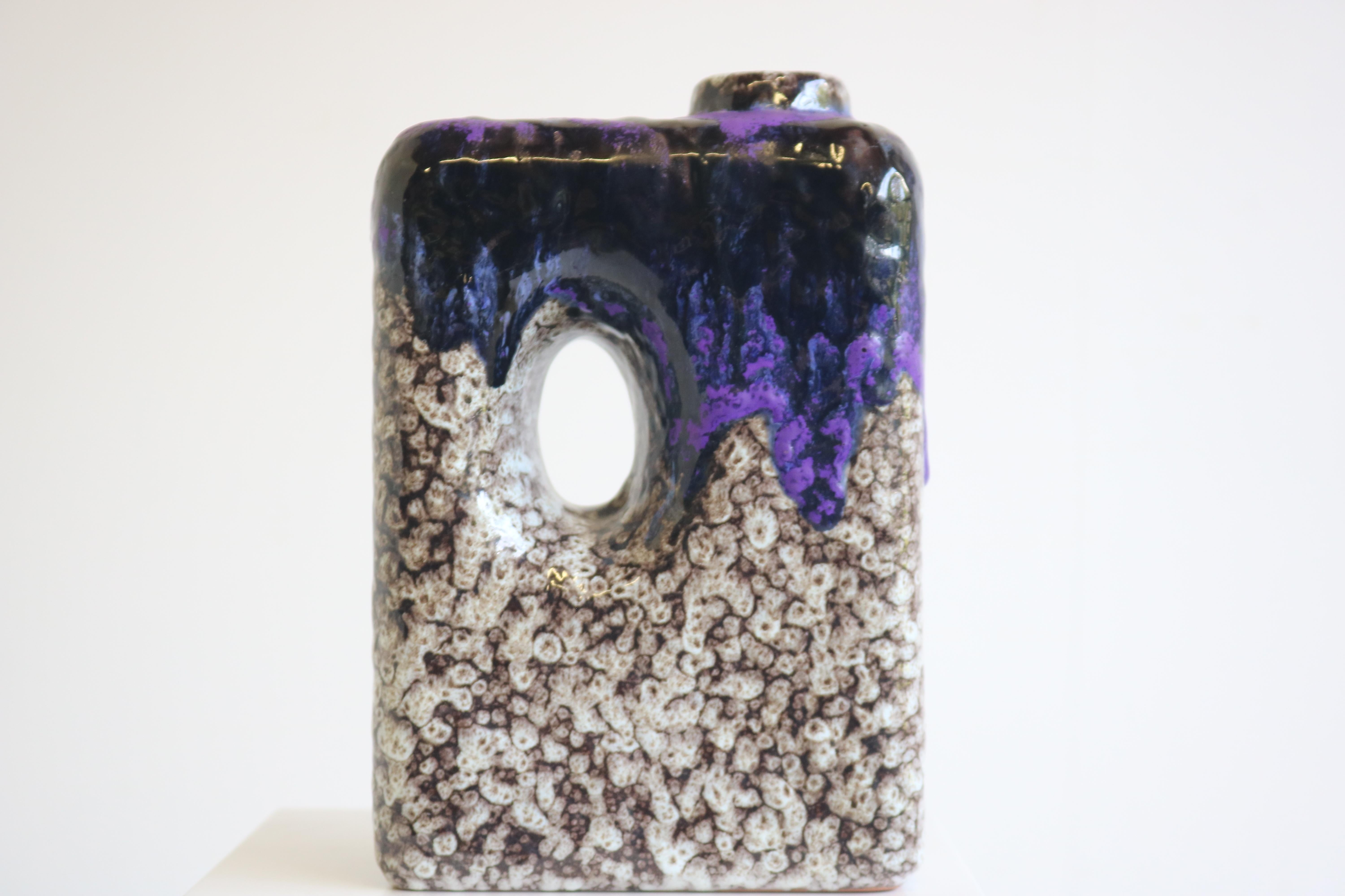 1970s Modernist Fat Lava Purple Black White Ceramic Square Vase by Marei Keramik For Sale 7