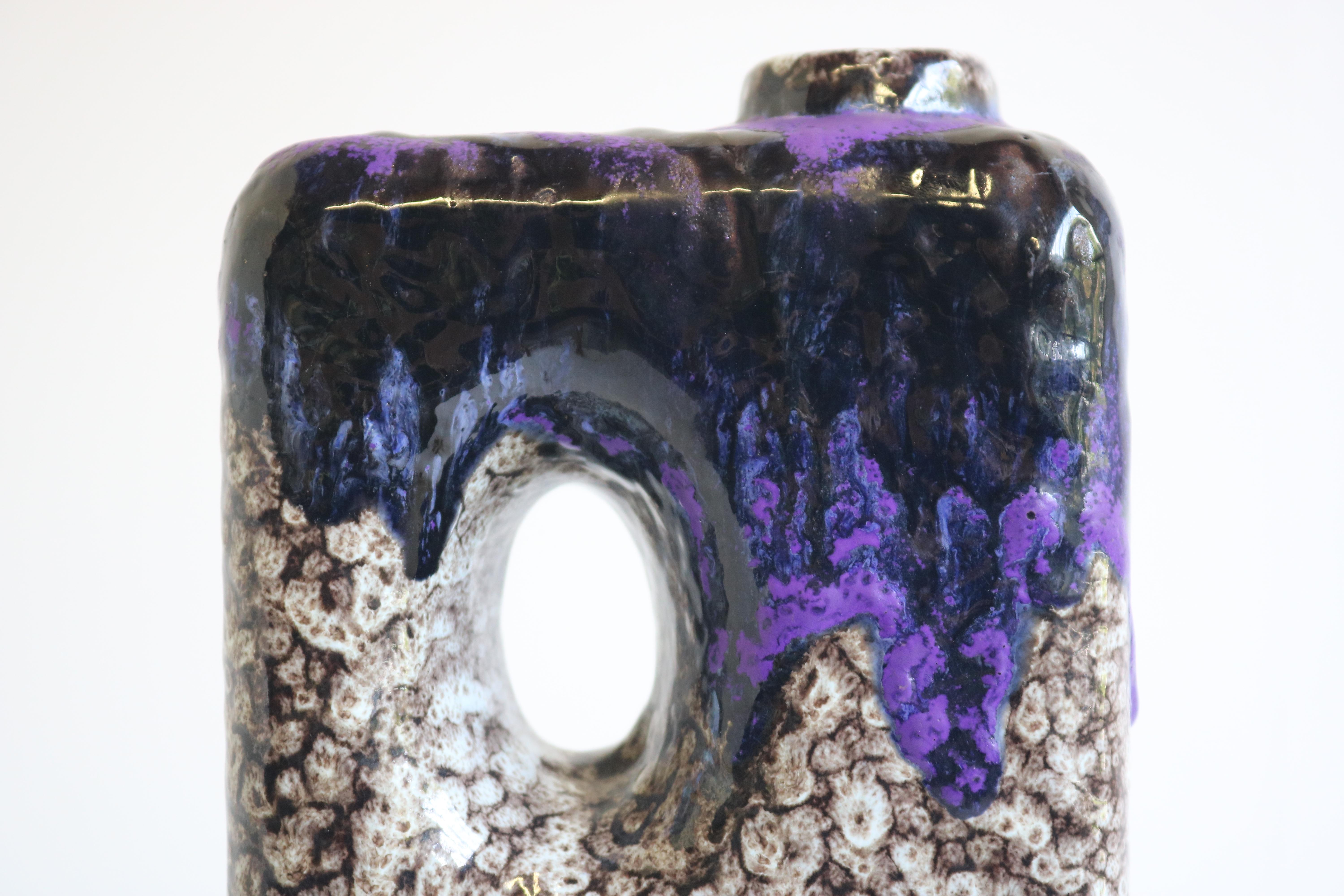 1970s Modernist Fat Lava Purple Black White Ceramic Square Vase by Marei Keramik For Sale 8