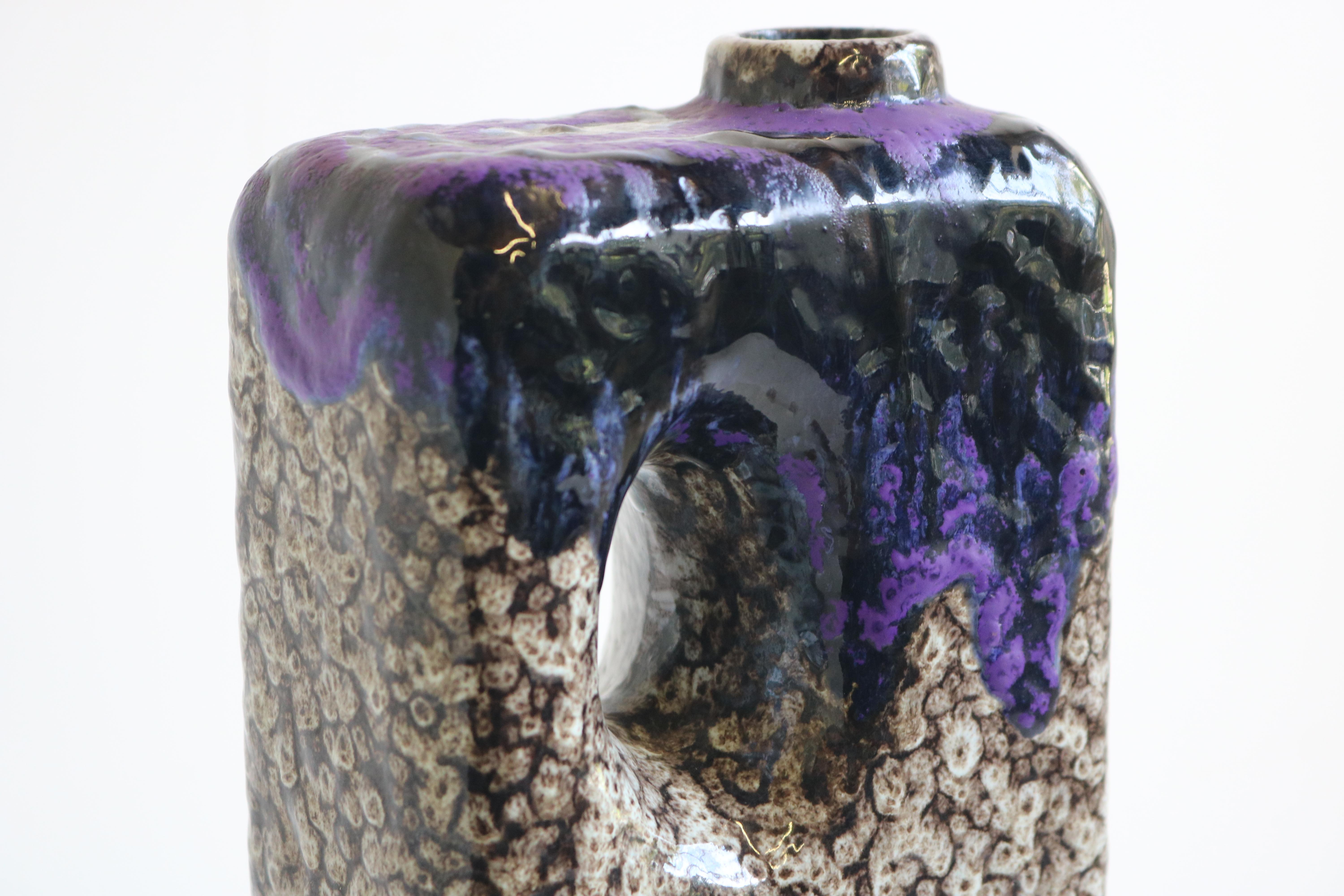 1970s Modernist Fat Lava Purple Black White Ceramic Square Vase by Marei Keramik For Sale 10