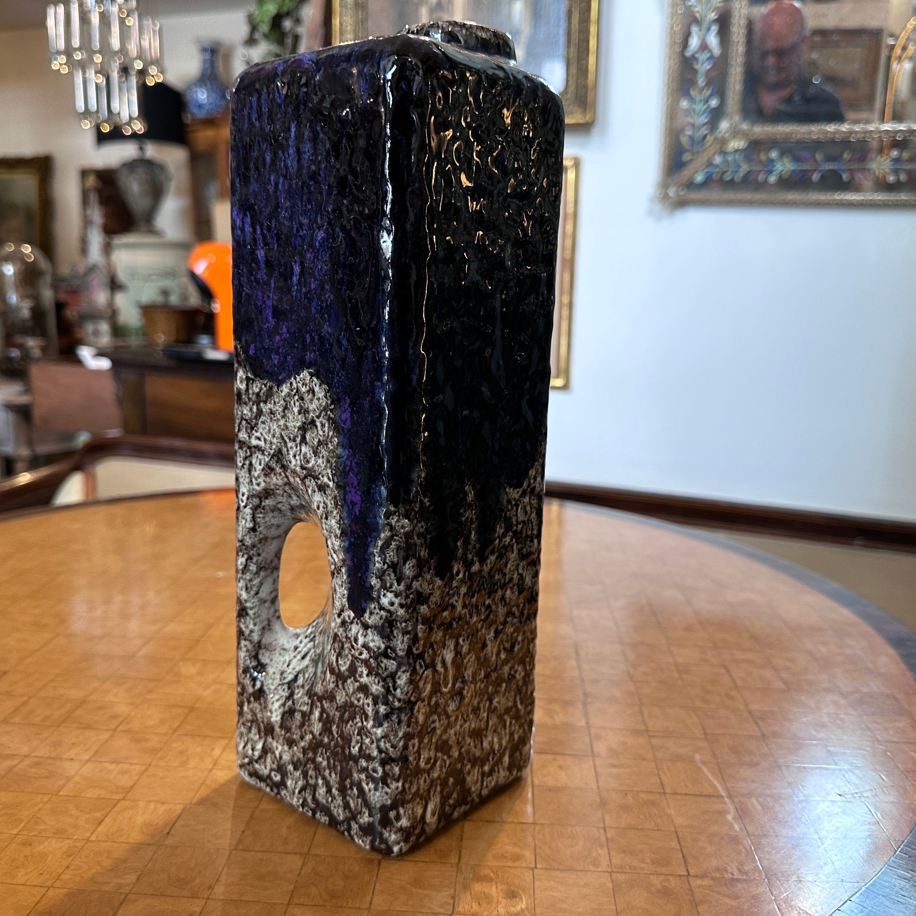Organic Modern 1970s Modernist Fat Lava Purple Black White Ceramic Square Vase by Marei Keramik