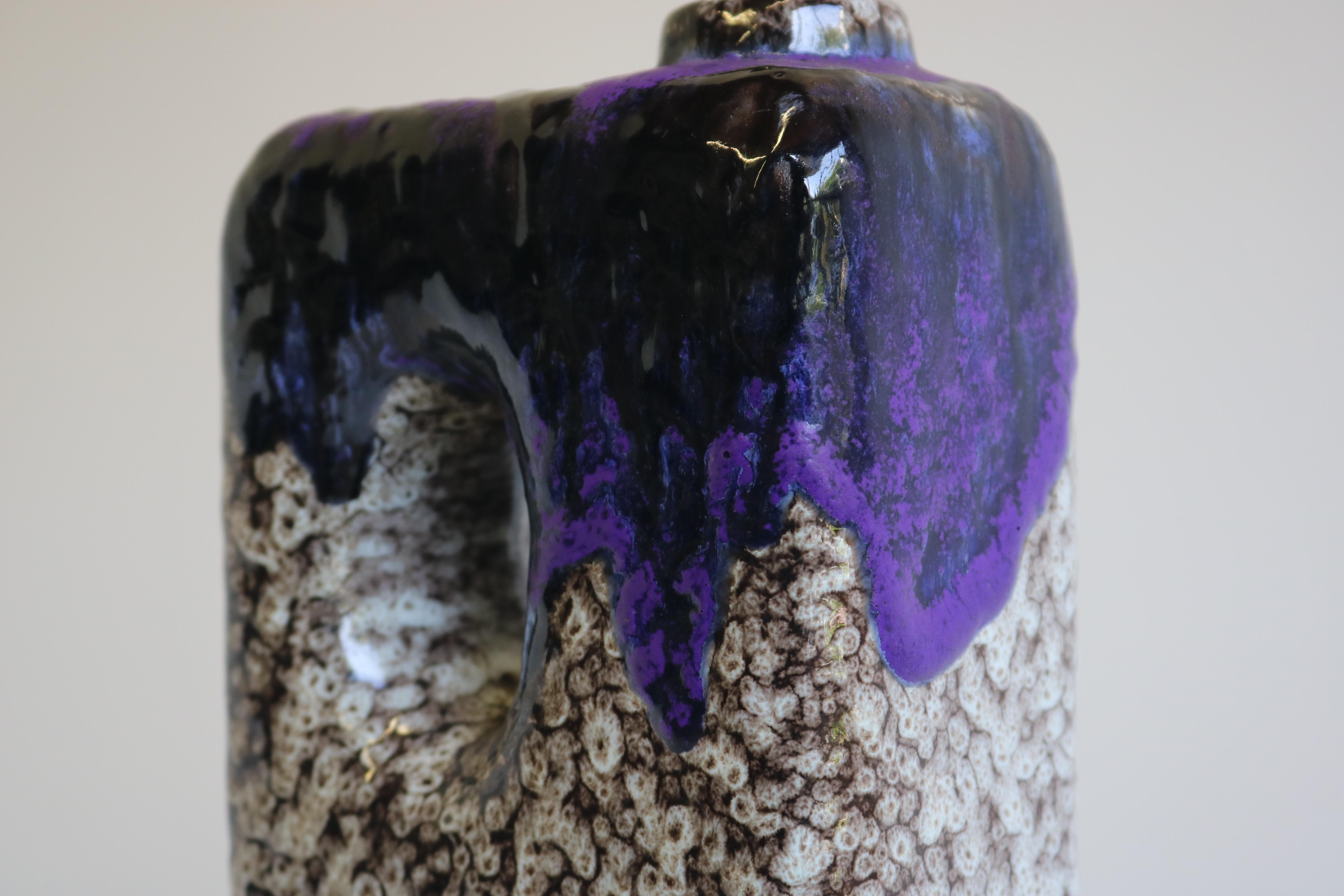 Mid-Century Modern 1970s Modernist Fat Lava Purple Black White Ceramic Square Vase by Marei Keramik For Sale