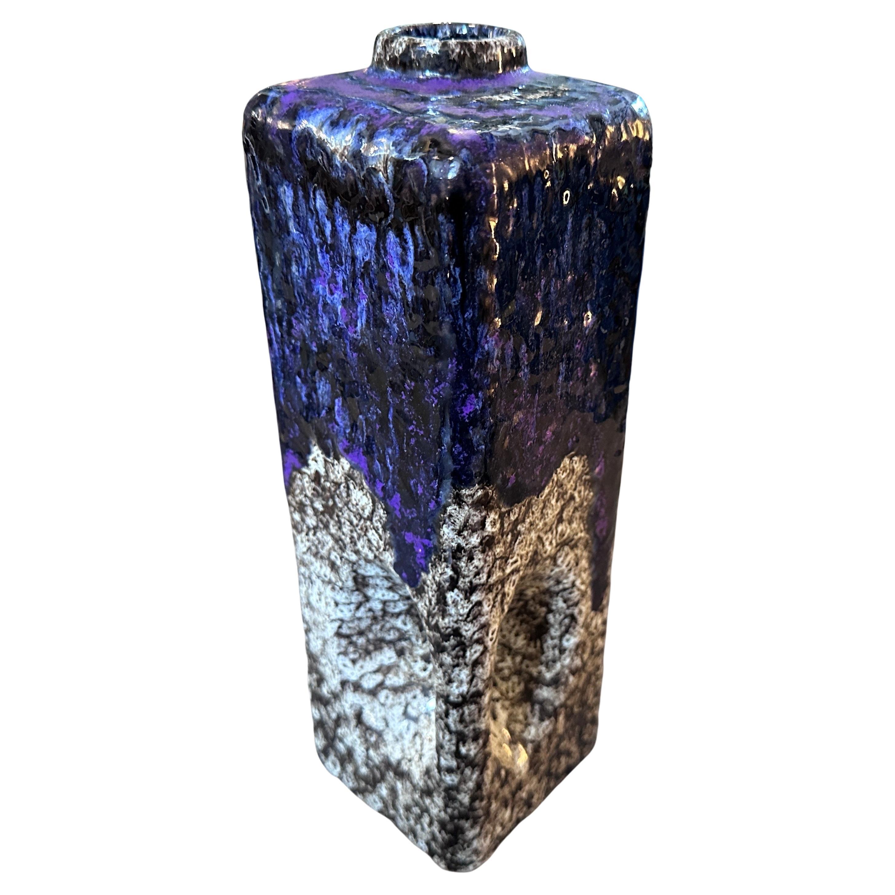 German 1970s Modernist Fat Lava Purple Black White Ceramic Square Vase by Marei Keramik