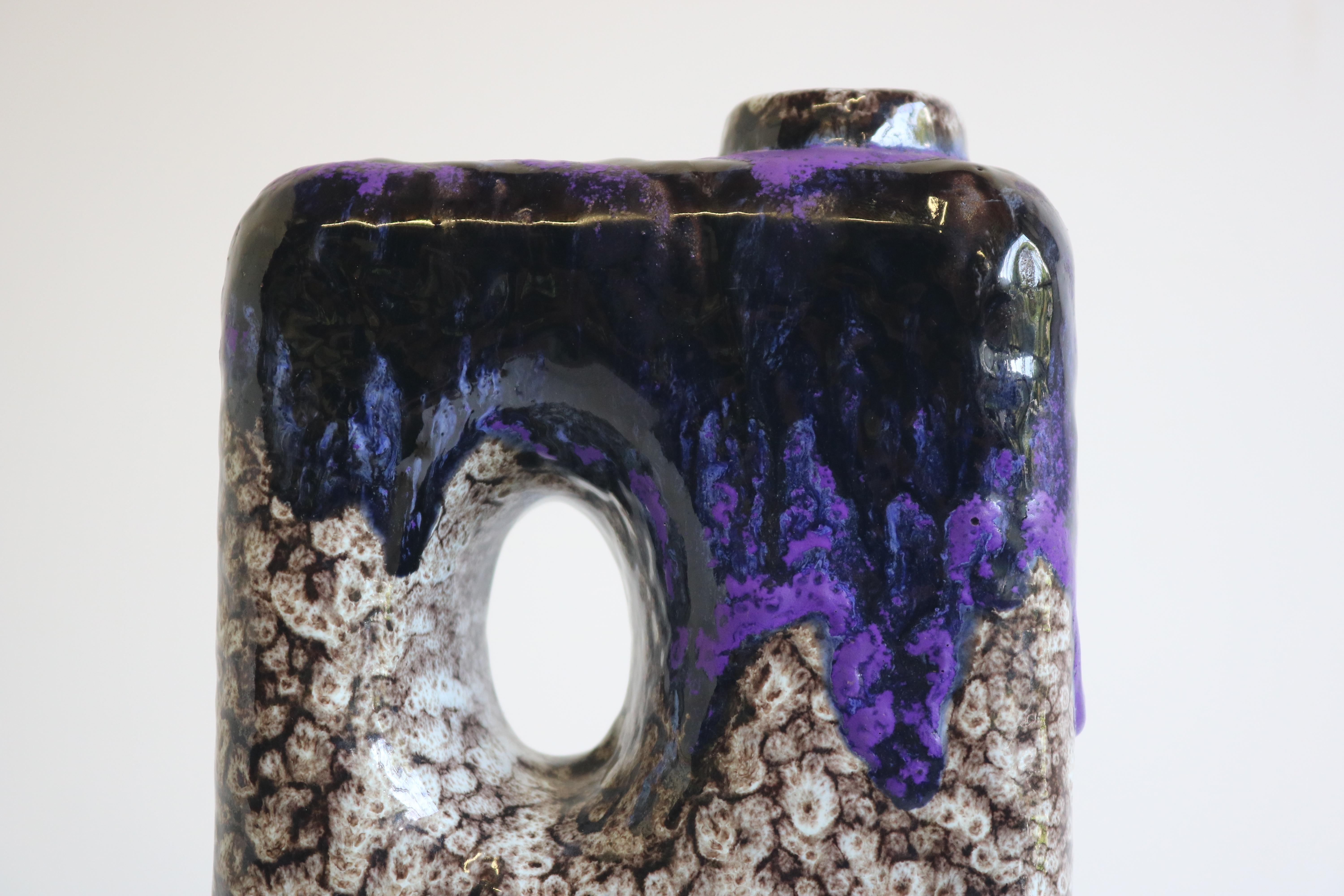 German 1970s Modernist Fat Lava Purple Black White Ceramic Square Vase by Marei Keramik For Sale