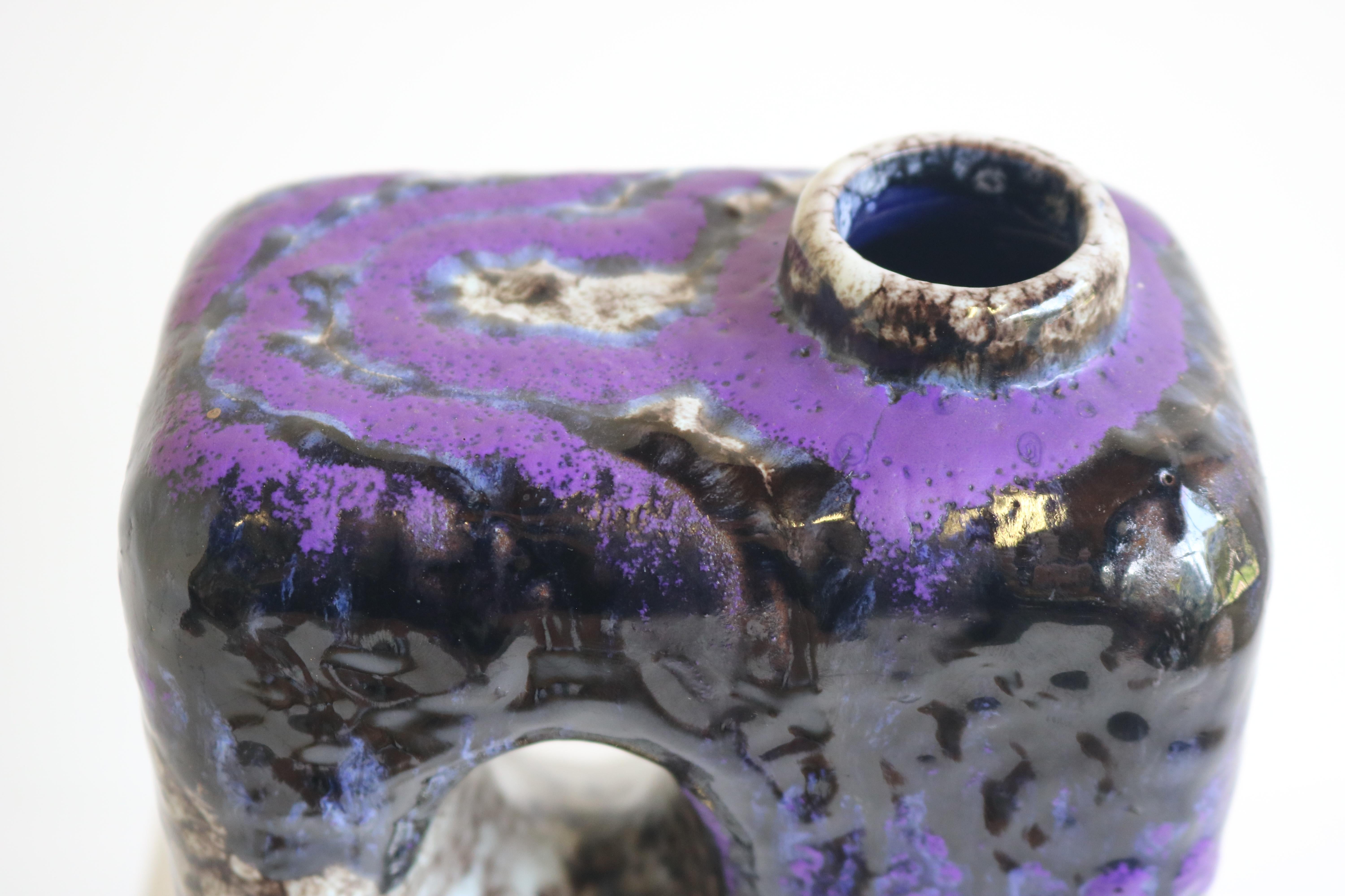 Hand-Crafted 1970s Modernist Fat Lava Purple Black White Ceramic Square Vase by Marei Keramik For Sale