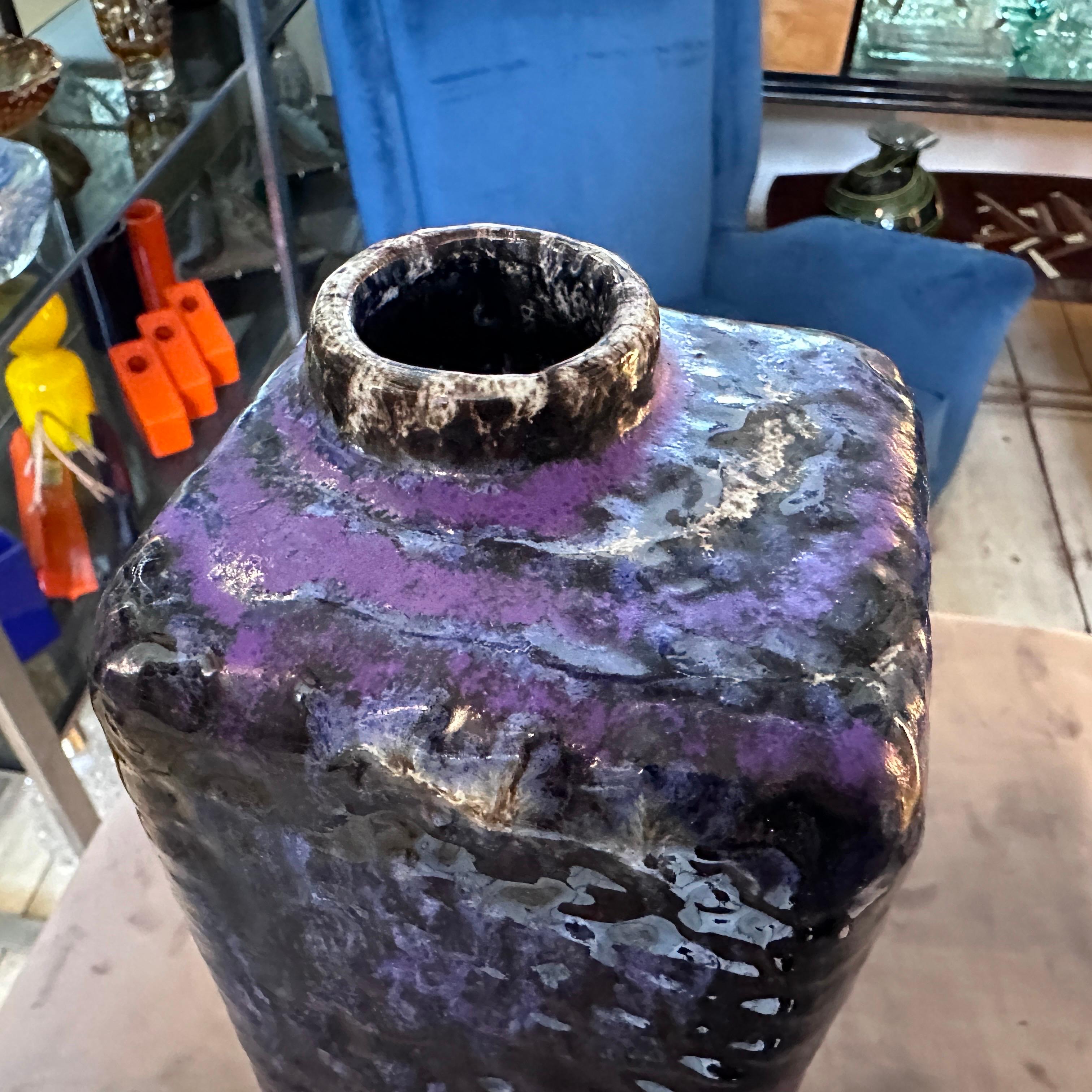 Late 20th Century 1970s Modernist Fat Lava Purple Black White Ceramic Square Vase by Marei Keramik