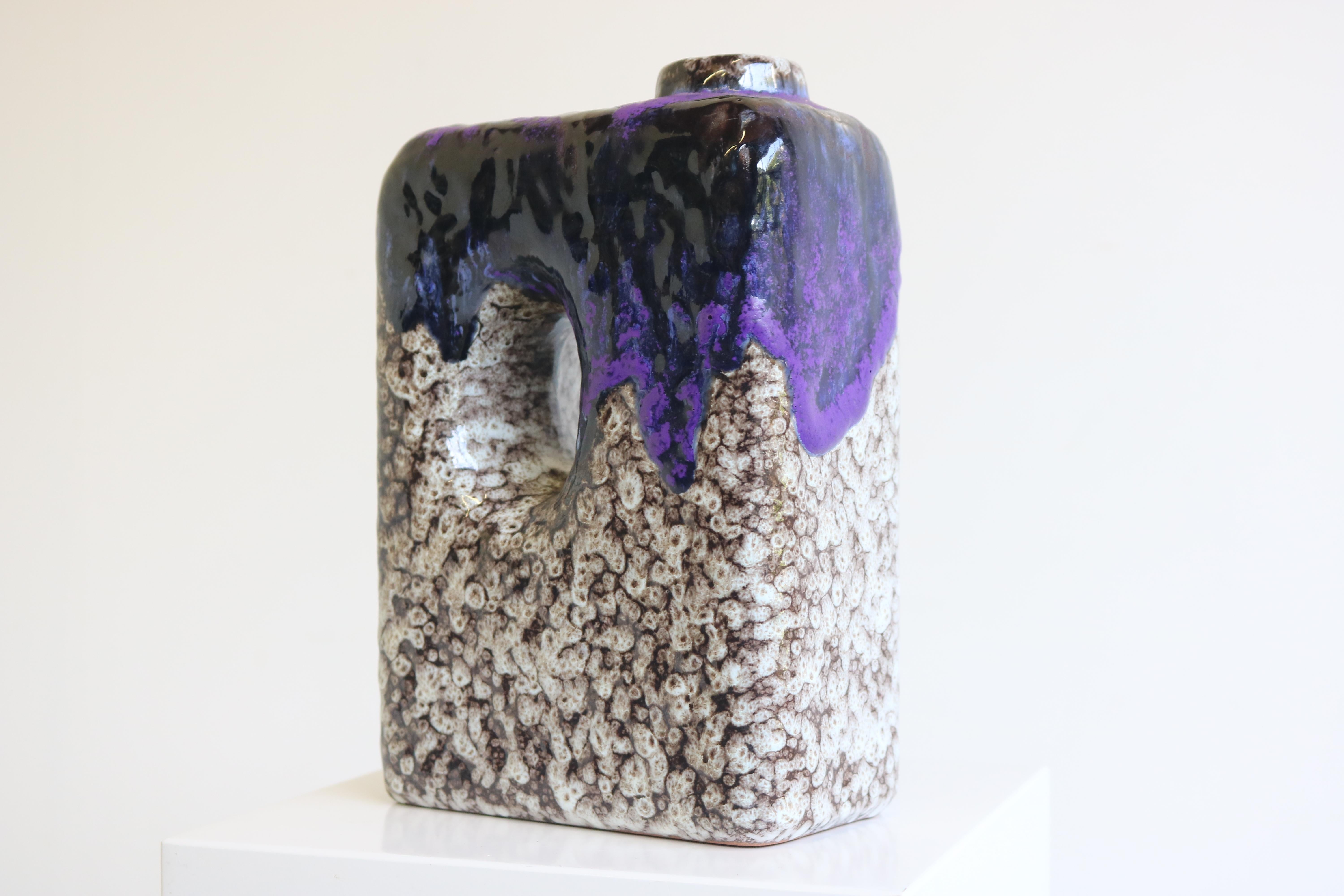 Late 20th Century 1970s Modernist Fat Lava Purple Black White Ceramic Square Vase by Marei Keramik For Sale