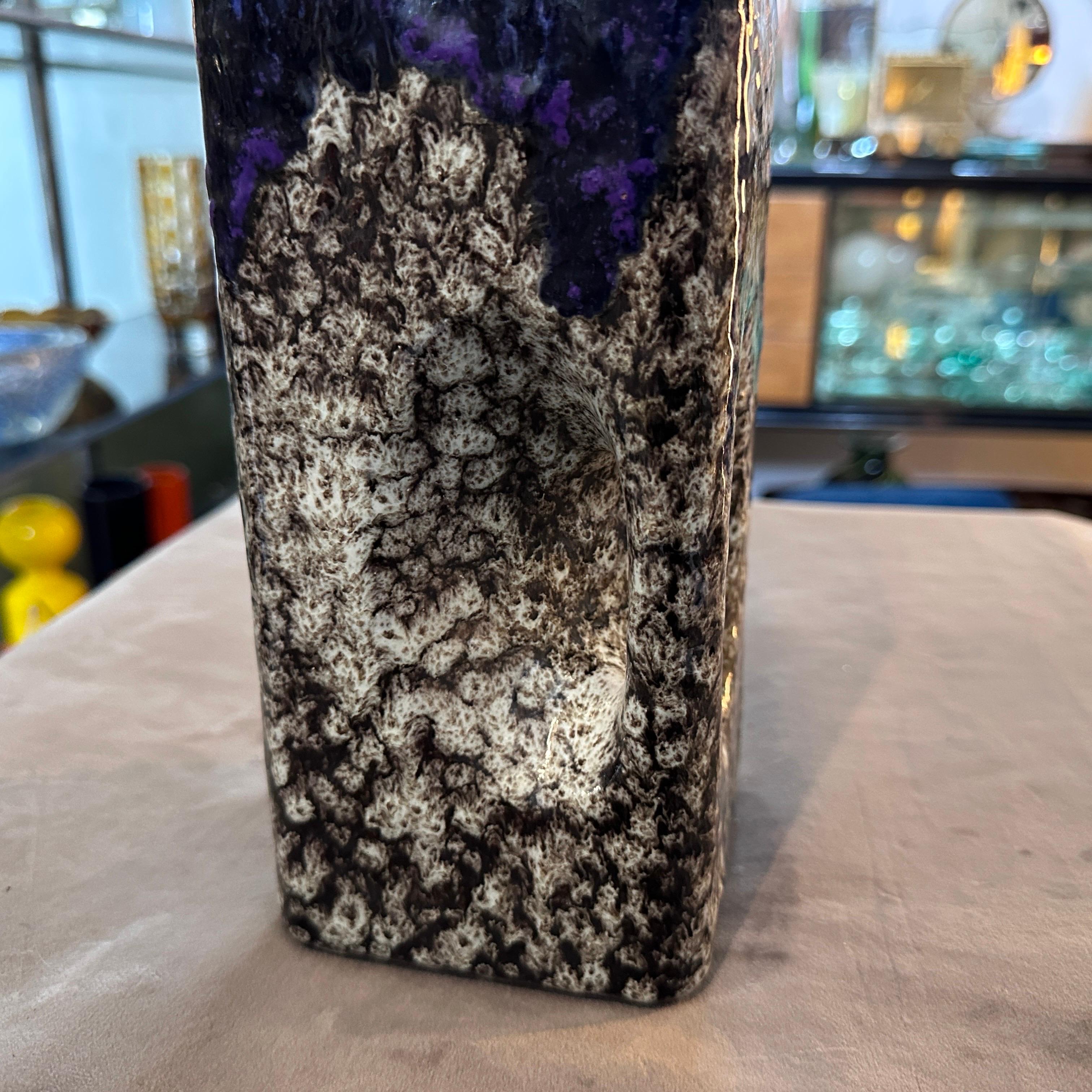 1970s Modernist Fat Lava Purple Black White Ceramic Square Vase by Marei Keramik 1