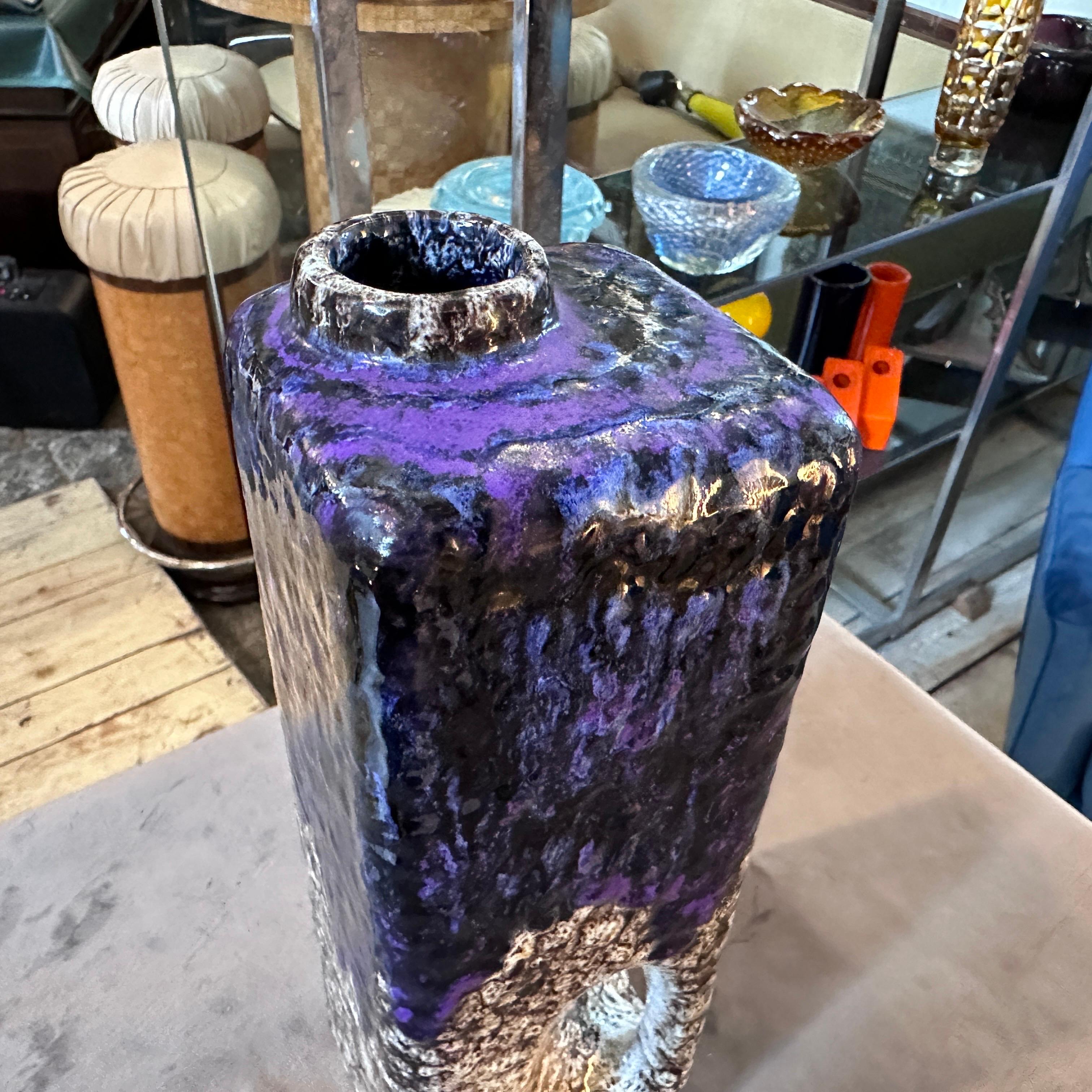 1970s Modernist Fat Lava Purple Black White Ceramic Square Vase by Marei Keramik 2