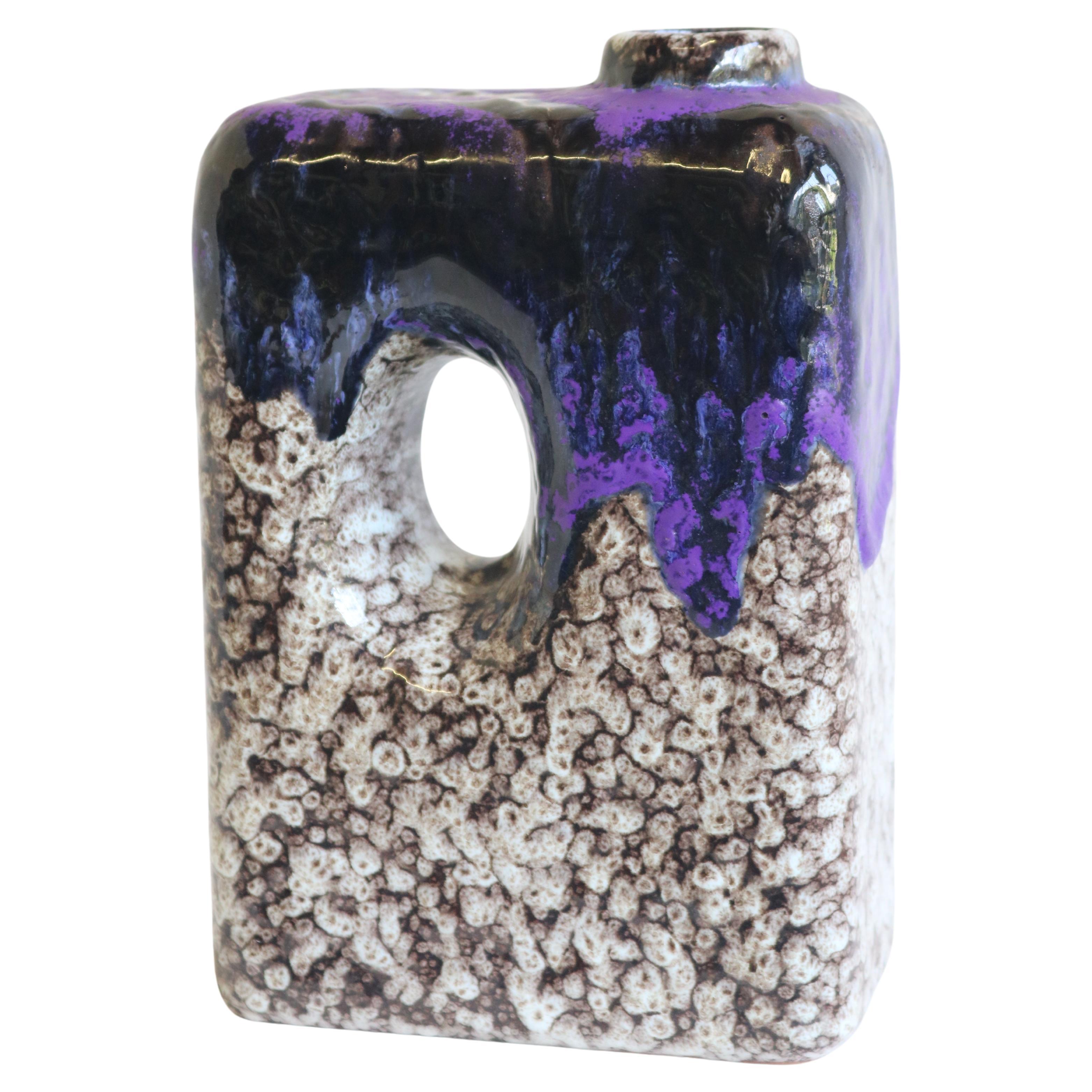 1970s Modernist Fat Lava Purple Black White Ceramic Square Vase by Marei Keramik For Sale