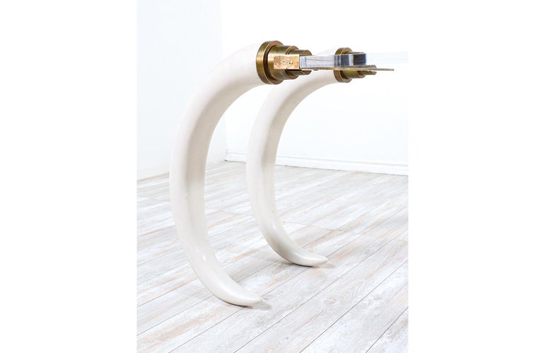 1970s Modernist Faux Elephant Tusk Brass & Lucite Console Table For Sale 6