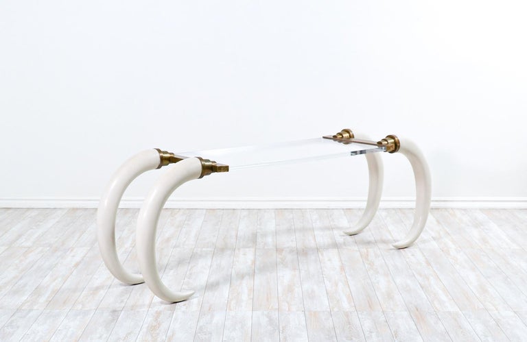 Mid-Century Modern 1970s Modernist Faux Elephant Tusk Brass & Lucite Console Table For Sale