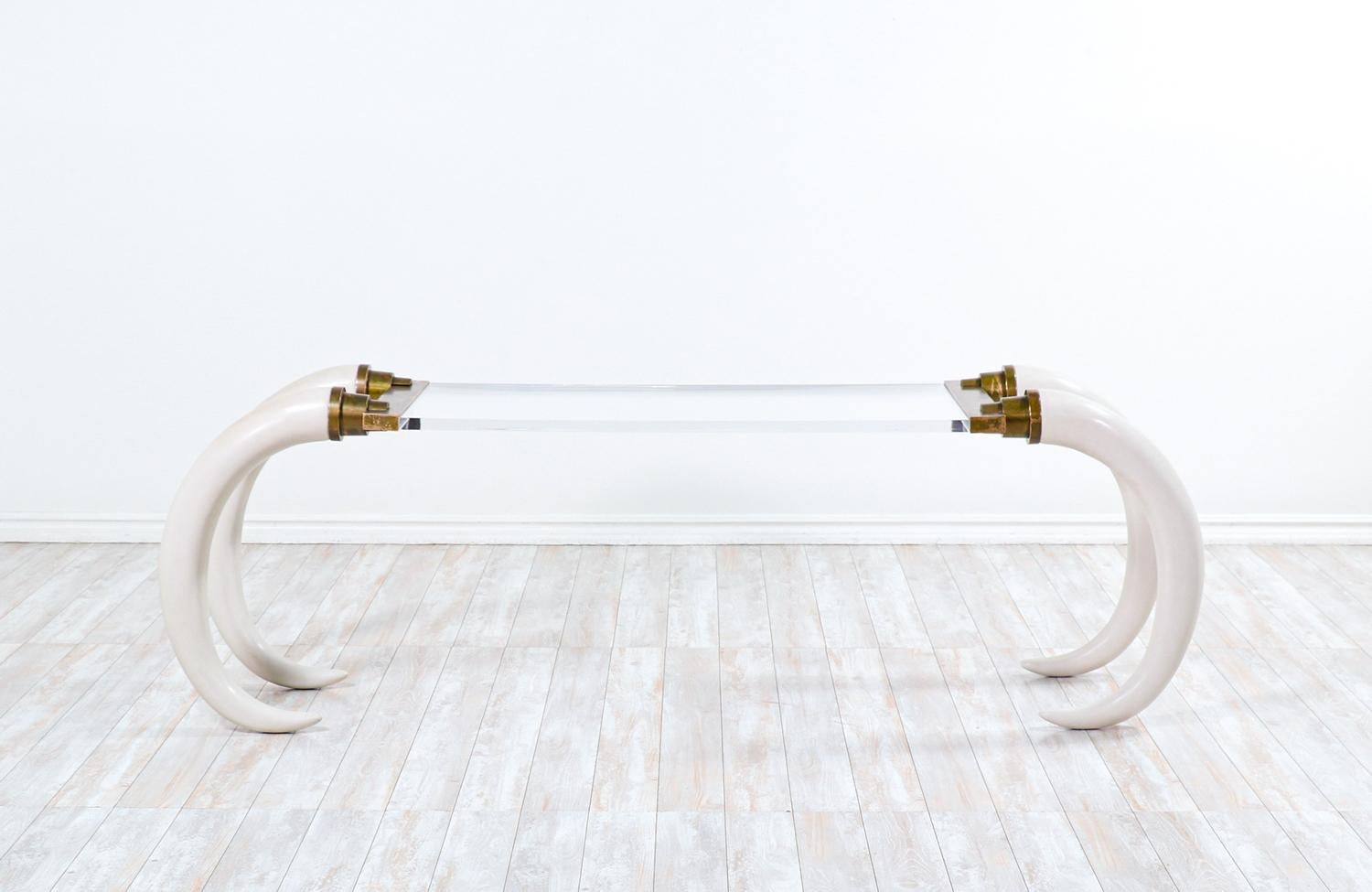 American 1970s Modernist Faux Elephant Tusk Brass & Lucite Console Table For Sale