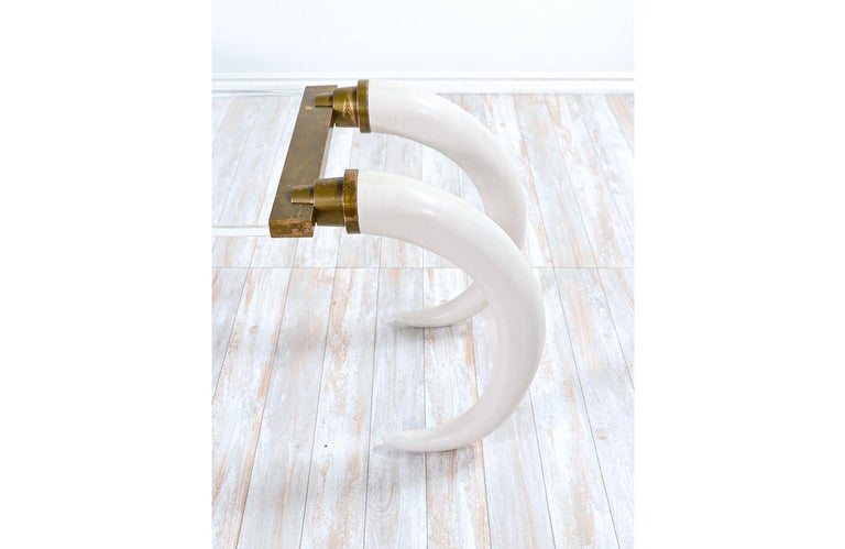 Late 20th Century 1970s Modernist Faux Elephant Tusk Brass & Lucite Console Table For Sale