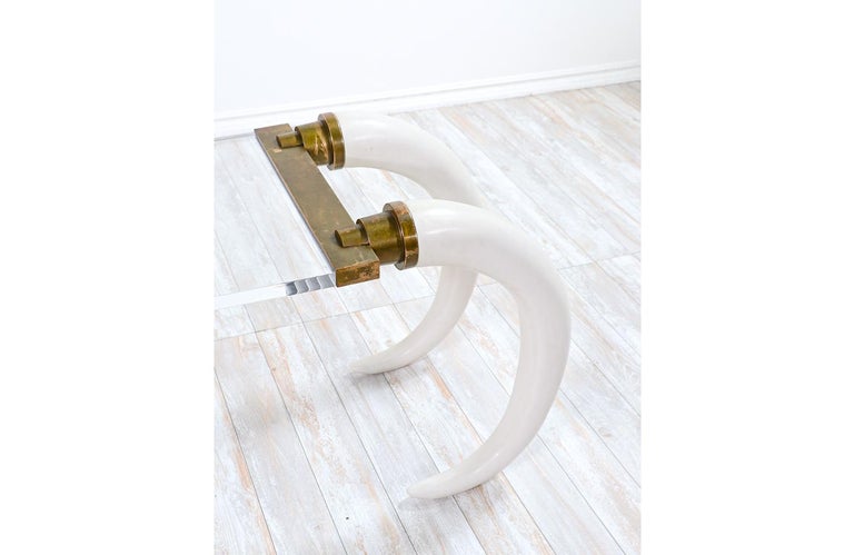 1970s Modernist Faux Elephant Tusk Brass & Lucite Console Table For Sale 1