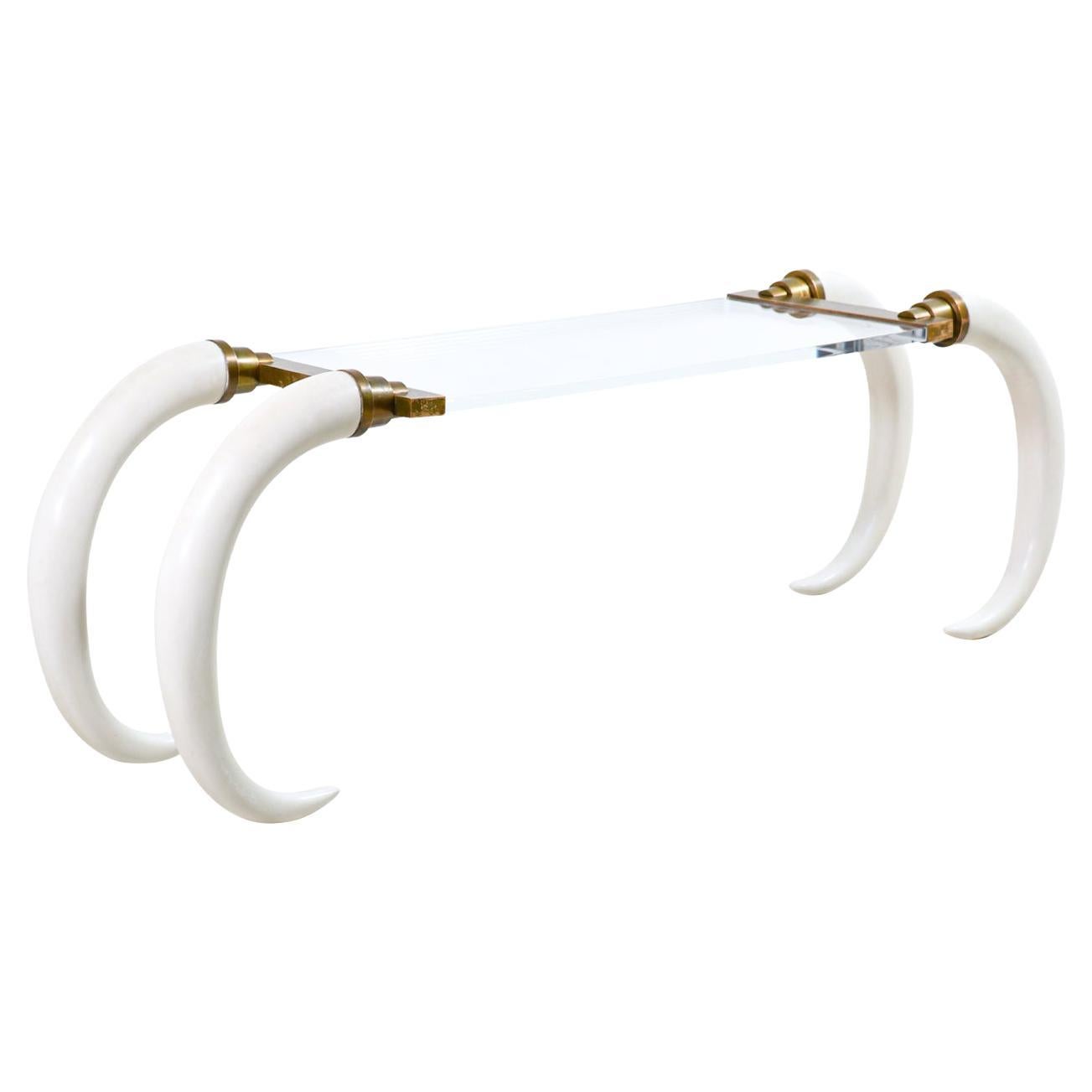 1970s Modernist Faux Elephant Tusk Brass & Lucite Console Table