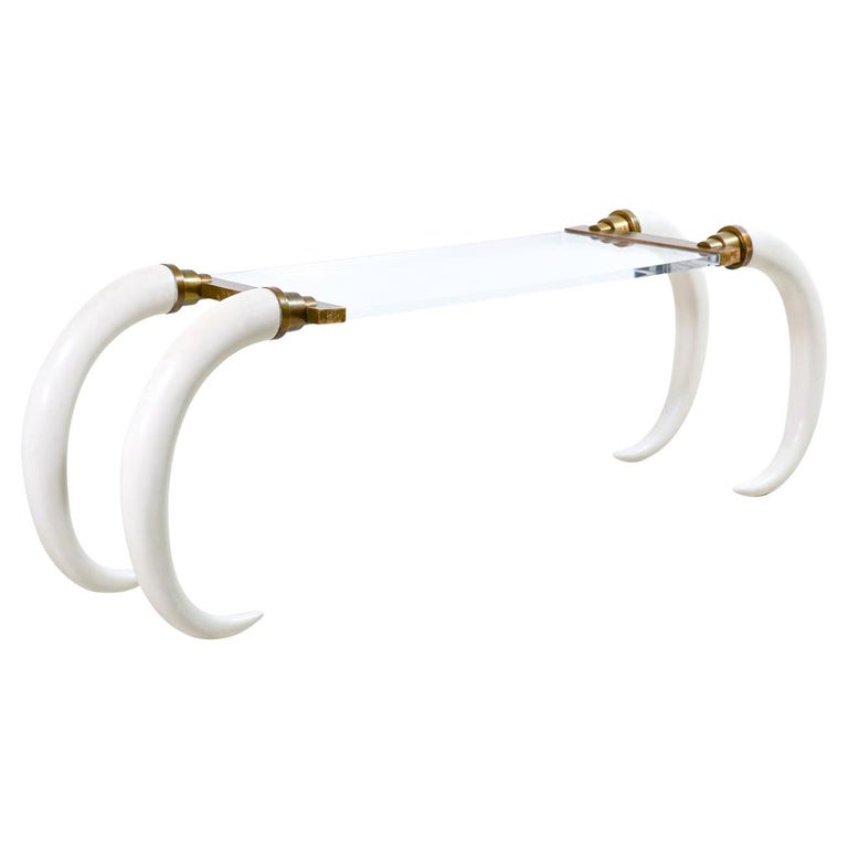1970s Modernist Faux Elephant Tusk Brass & Lucite Console Table For Sale