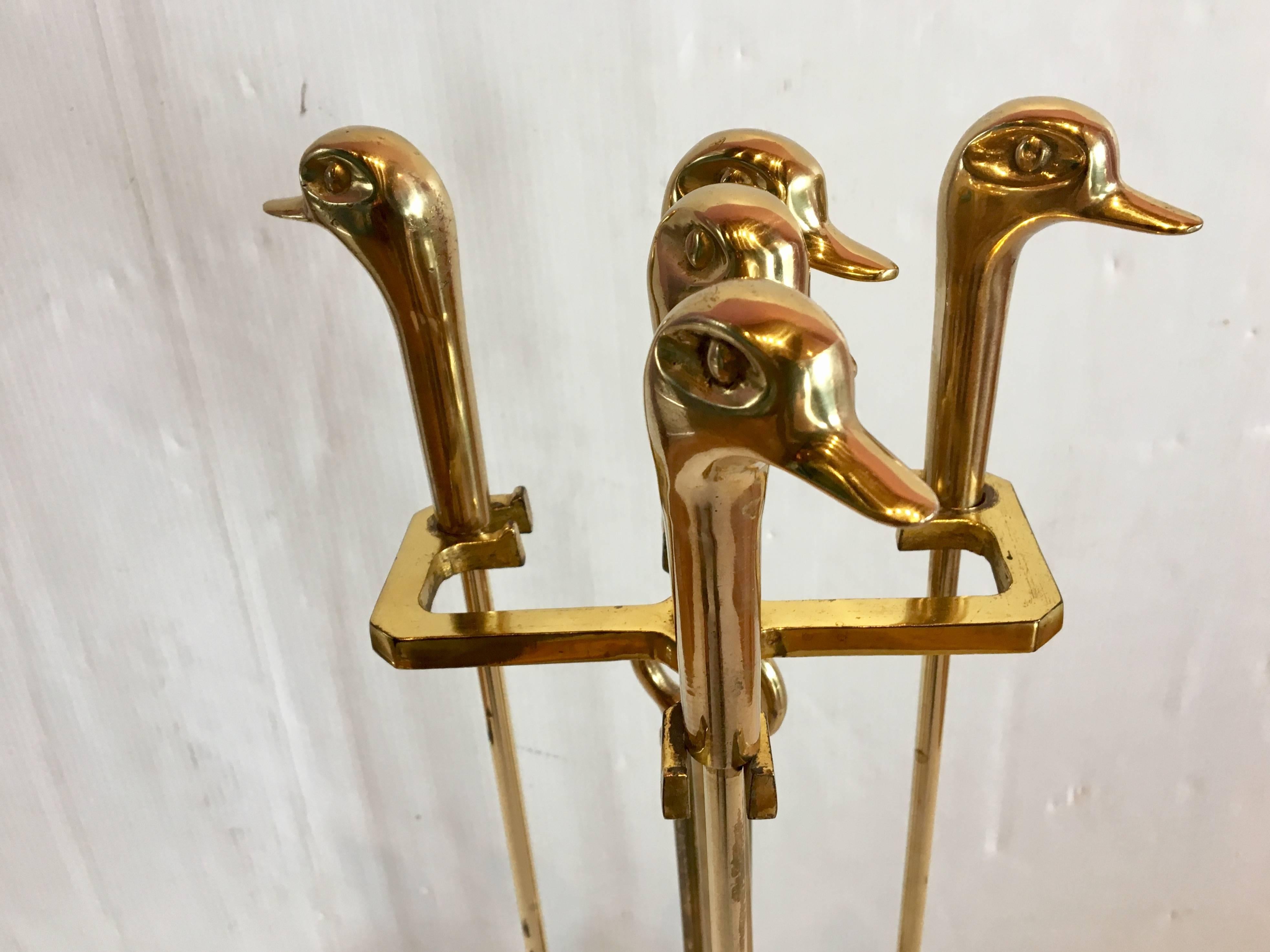 Hollywood Regency 1970s Modernist Fireplace Tools Set Solid Brass Ducks Heads