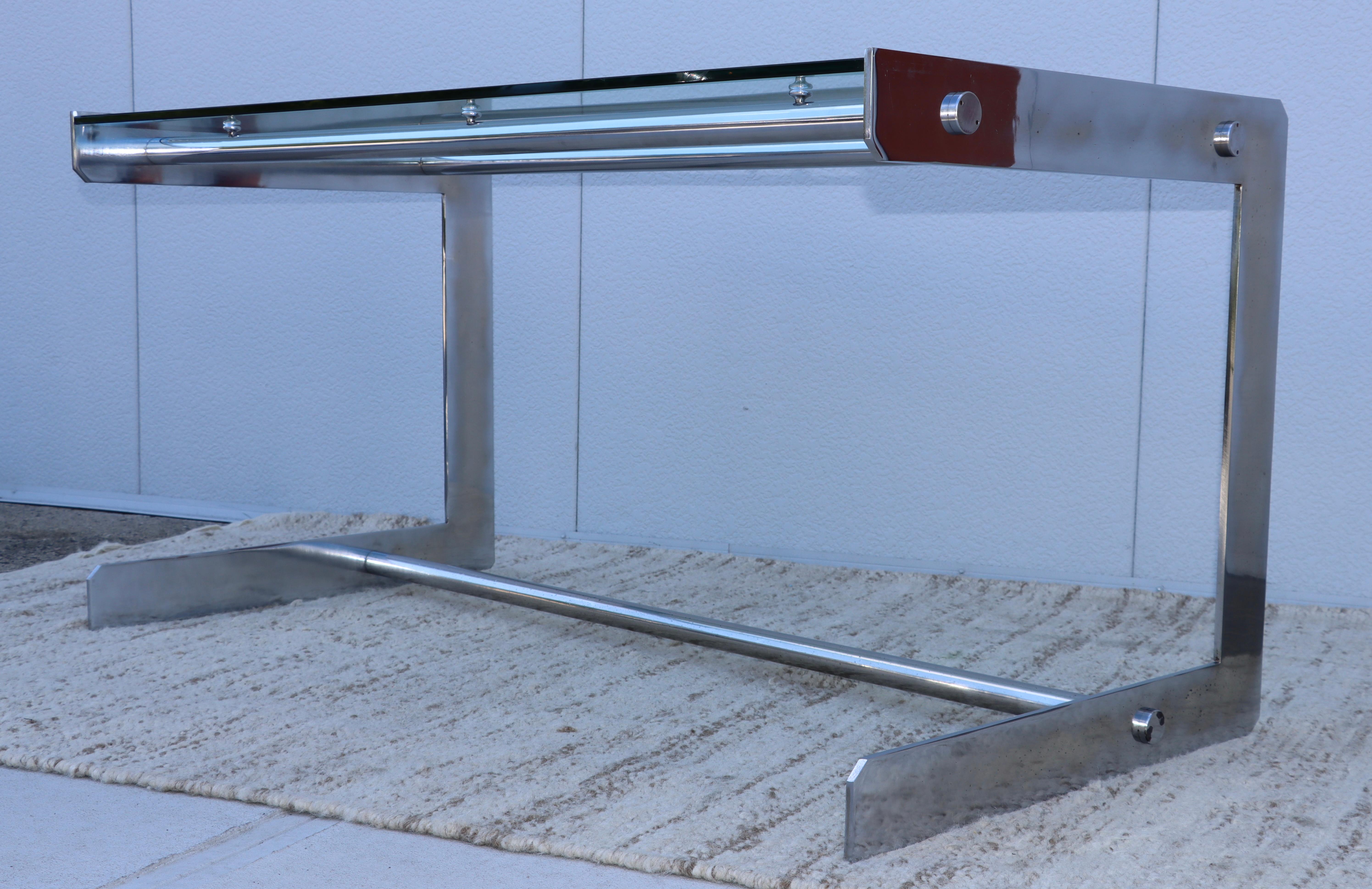 1970's Modernist French Brushed Steel and Glass Desk 6