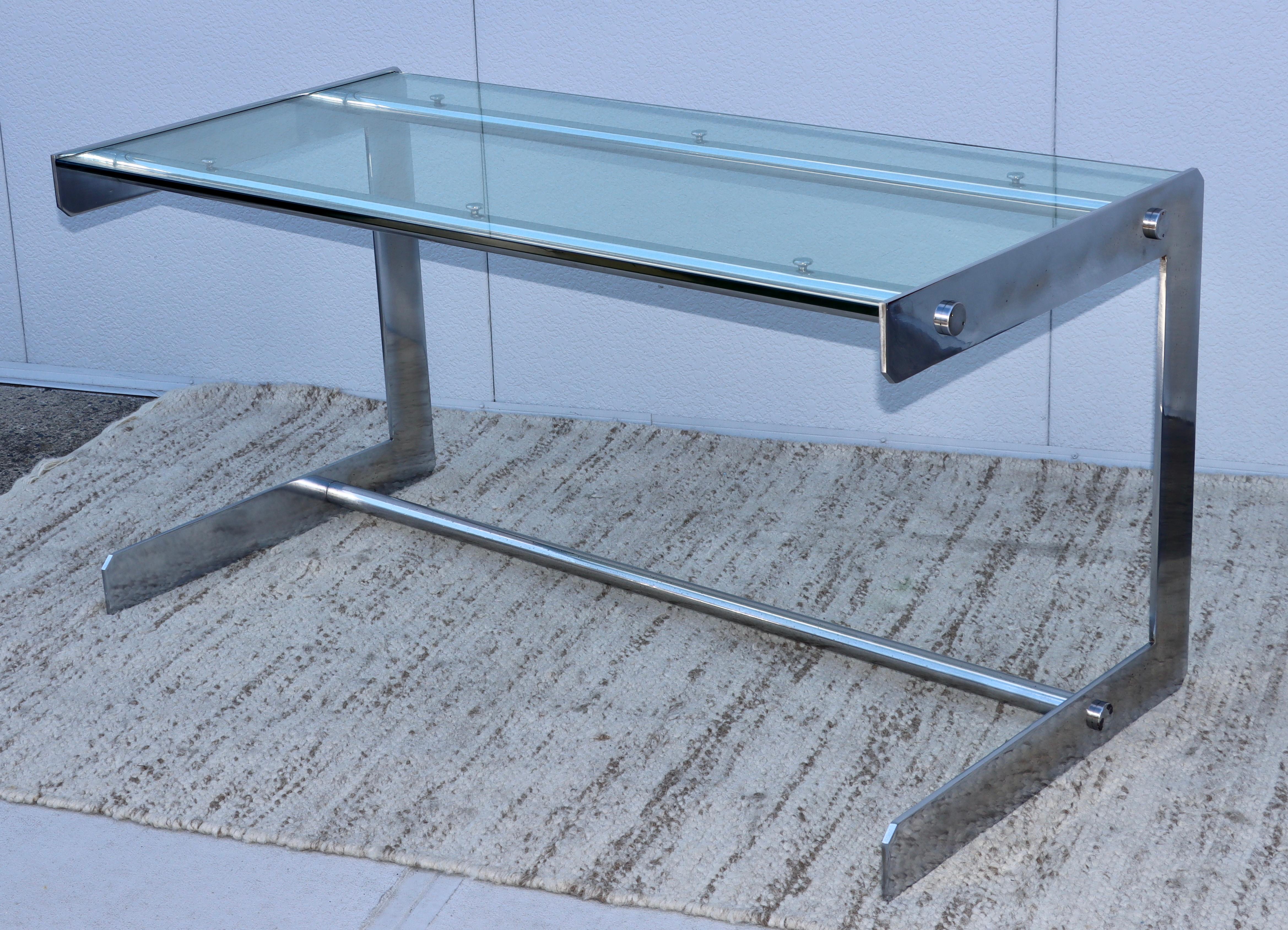 1970's Modernist French Brushed Steel and Glass Desk In Good Condition In New York, NY