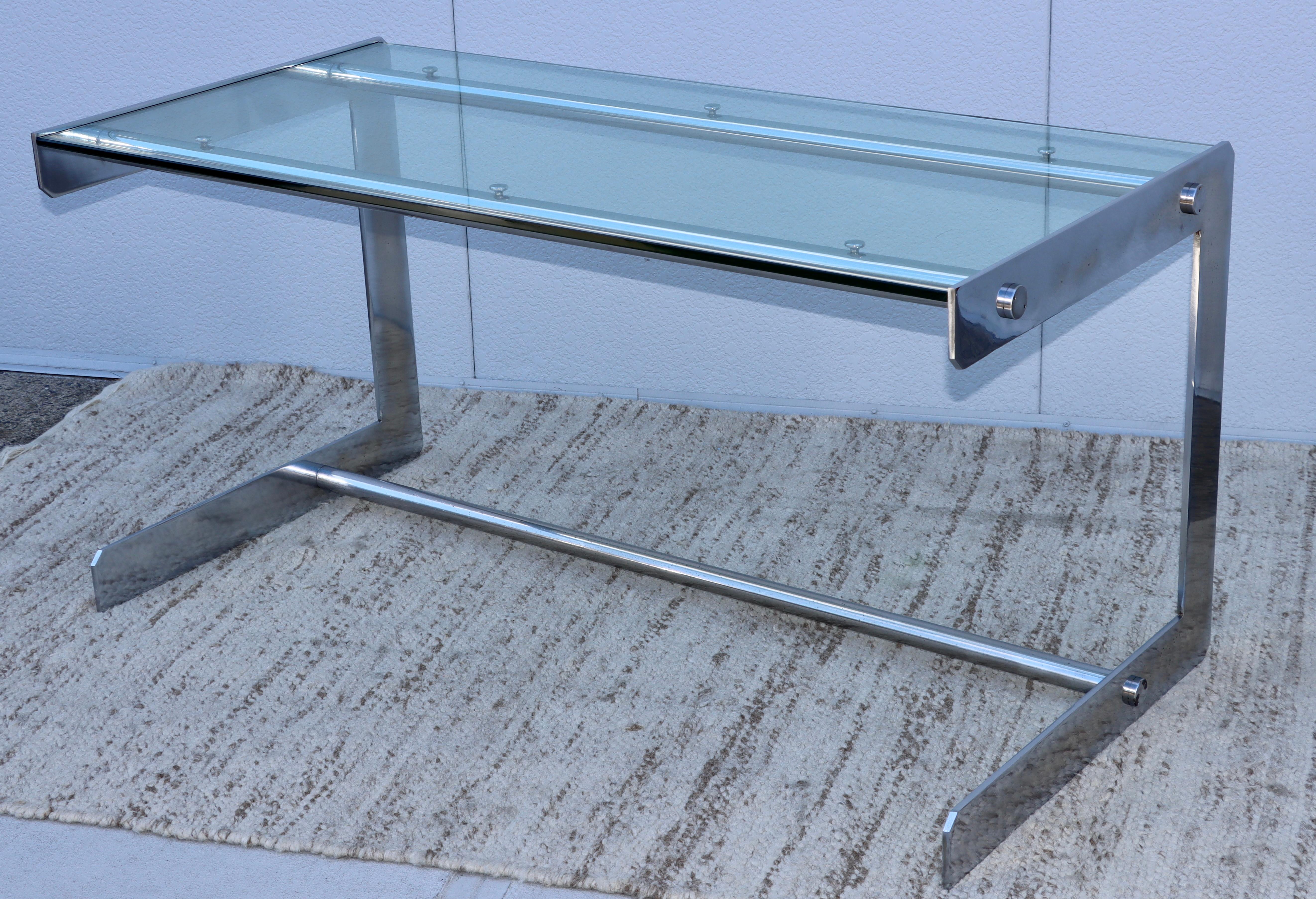 Late 20th Century 1970's Modernist French Brushed Steel and Glass Desk