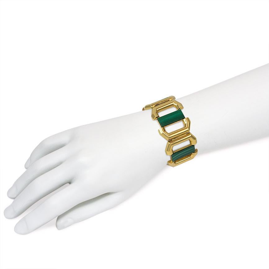 Women's or Men's 1970s Modernist Gold and Malachite Plaque Link Bracelet