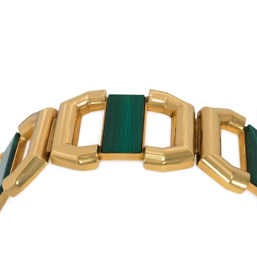 1970s Modernist Gold and Malachite Plaque Link Bracelet In Excellent Condition In New York, NY