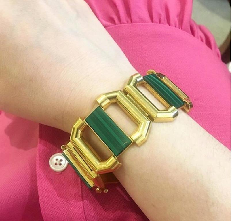 1970s Modernist Gold and Malachite Plaque Link Bracelet 1