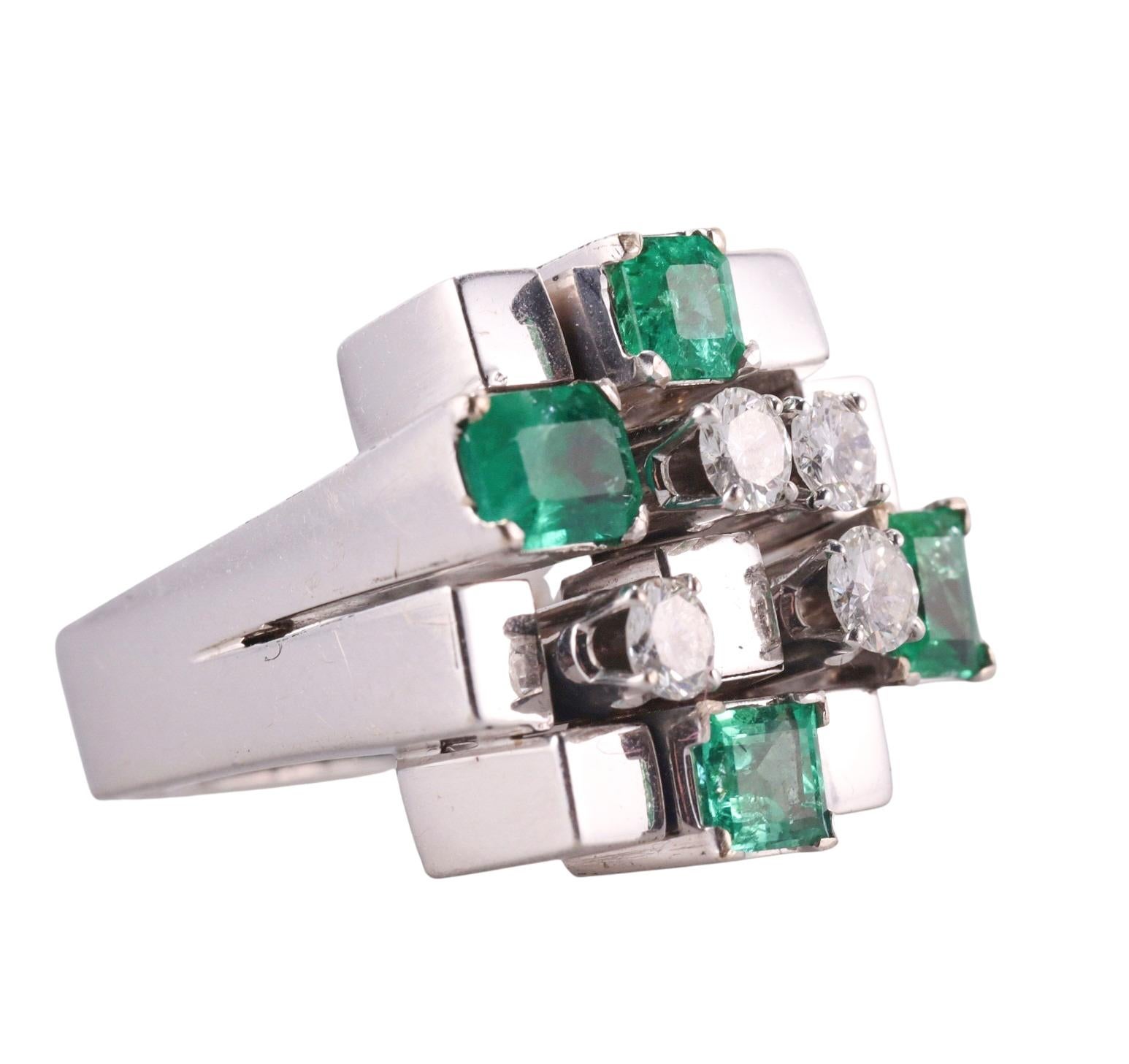 1970s vintage 14k gold Modernist ring, with emeralds and approx. 0.80ctw H/VS diamonds. Ring size 6.25, top is 20mm x 22mm. Tested 14k, not signed. Weighs 15 grams. 