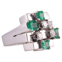 Vintage 1970s Modernist Gold Diamond Emerald Ring