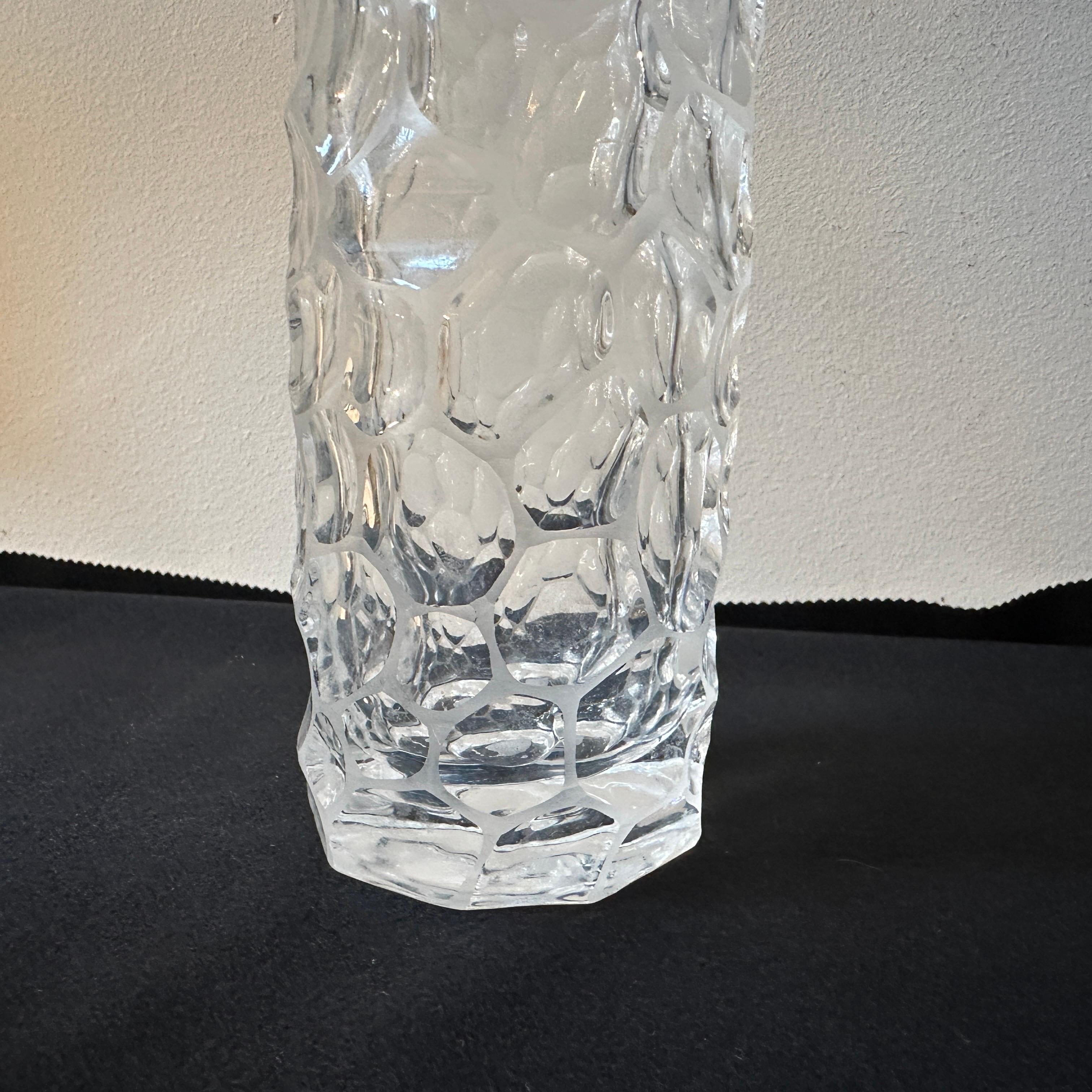 Moorish 1970s Modernist Hammered Clear Glass Italian Cylindrical Vase For Sale
