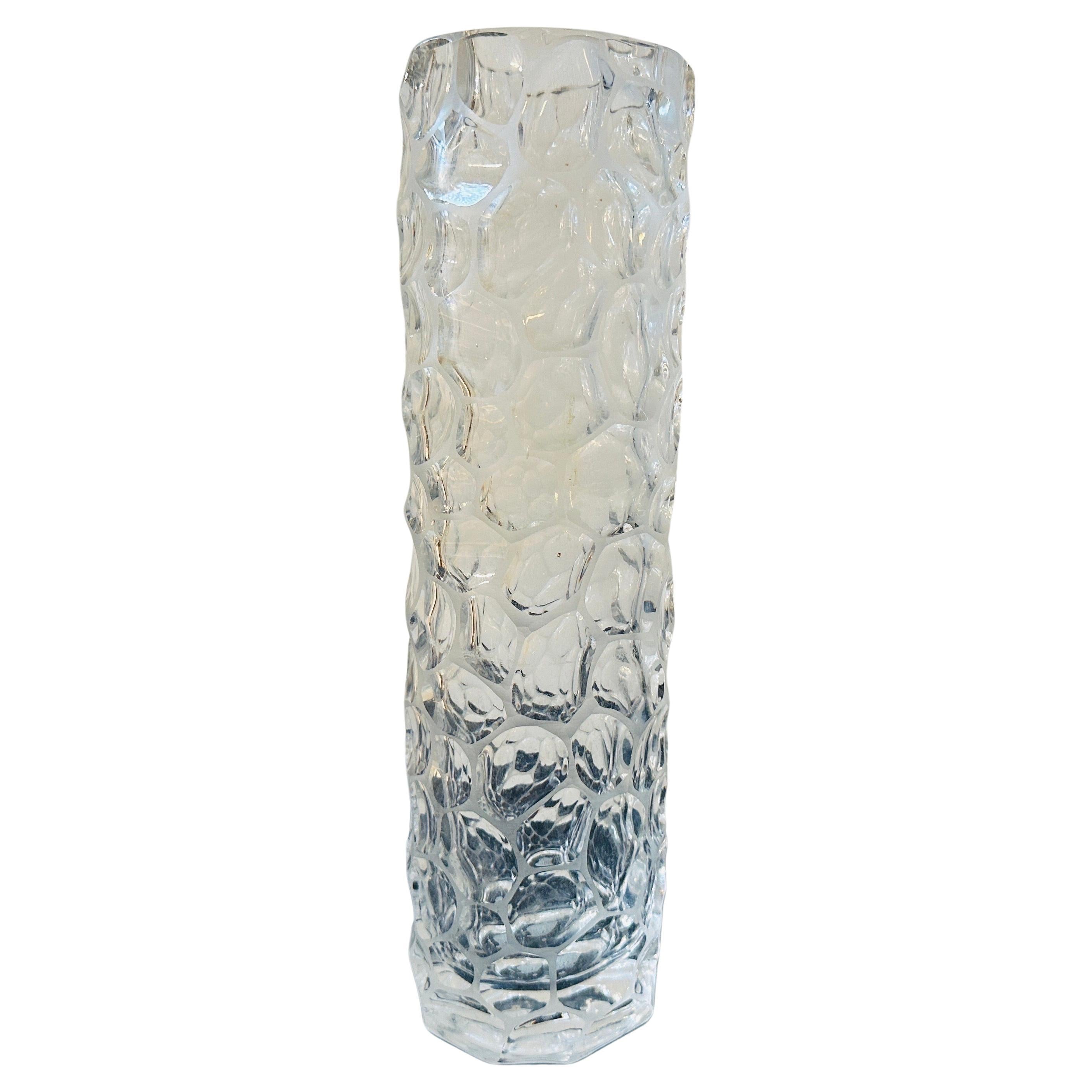 1970s Modernist Hammered Clear Glass Italian Cylindrical Vase For Sale