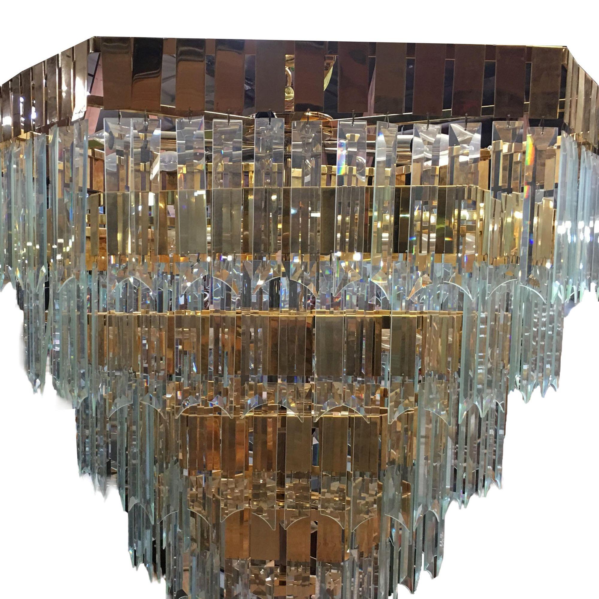 American 1970s Modernist Hanging Crystal Brass Chandelier For Sale