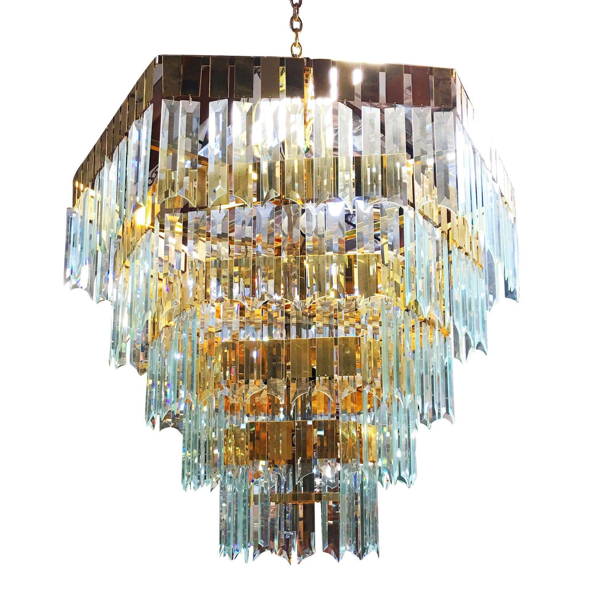 1970s Modernist Hanging Crystal Brass Chandelier In Excellent Condition For Sale In Van Nuys, CA