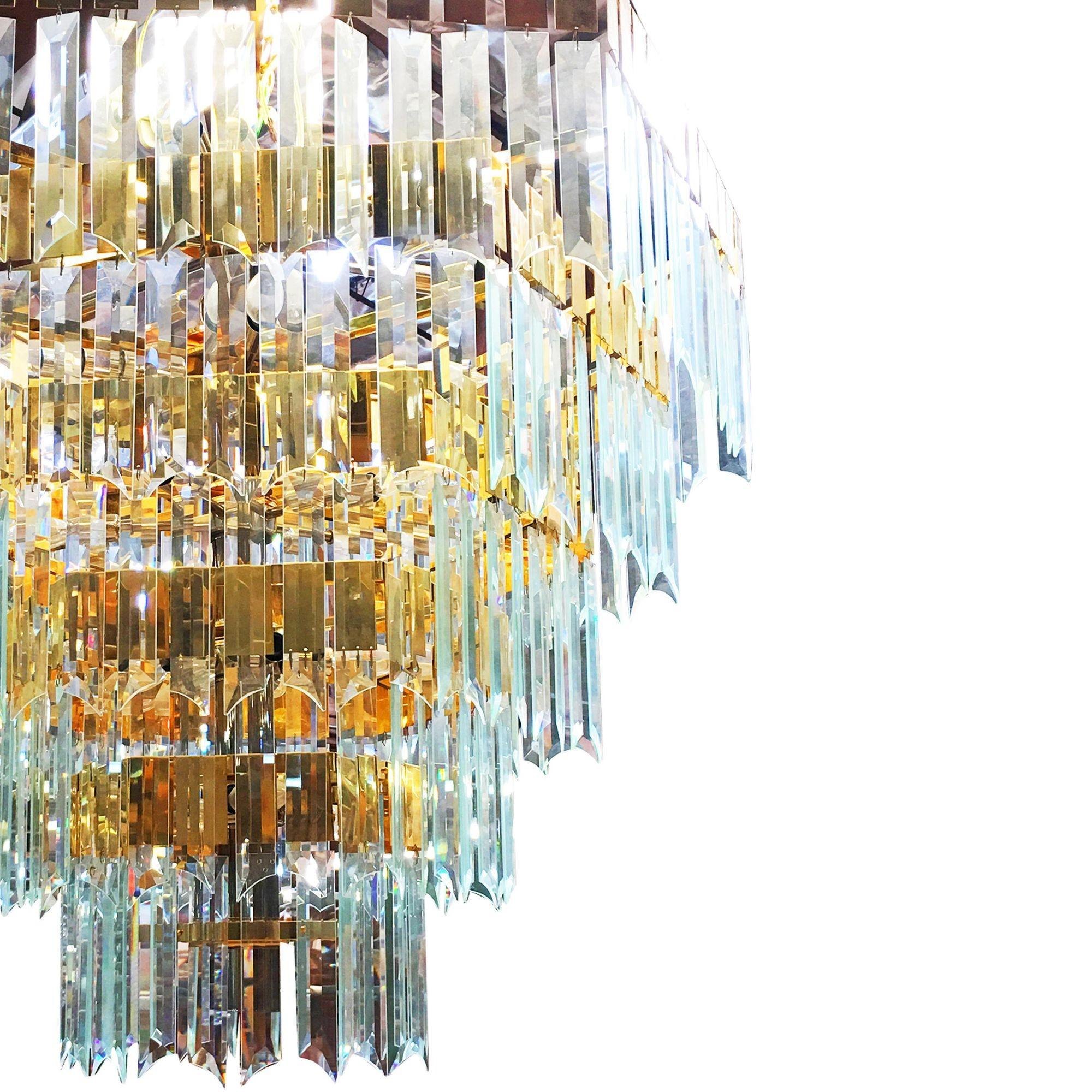 Late 20th Century 1970s Modernist Hanging Crystal Brass Chandelier For Sale