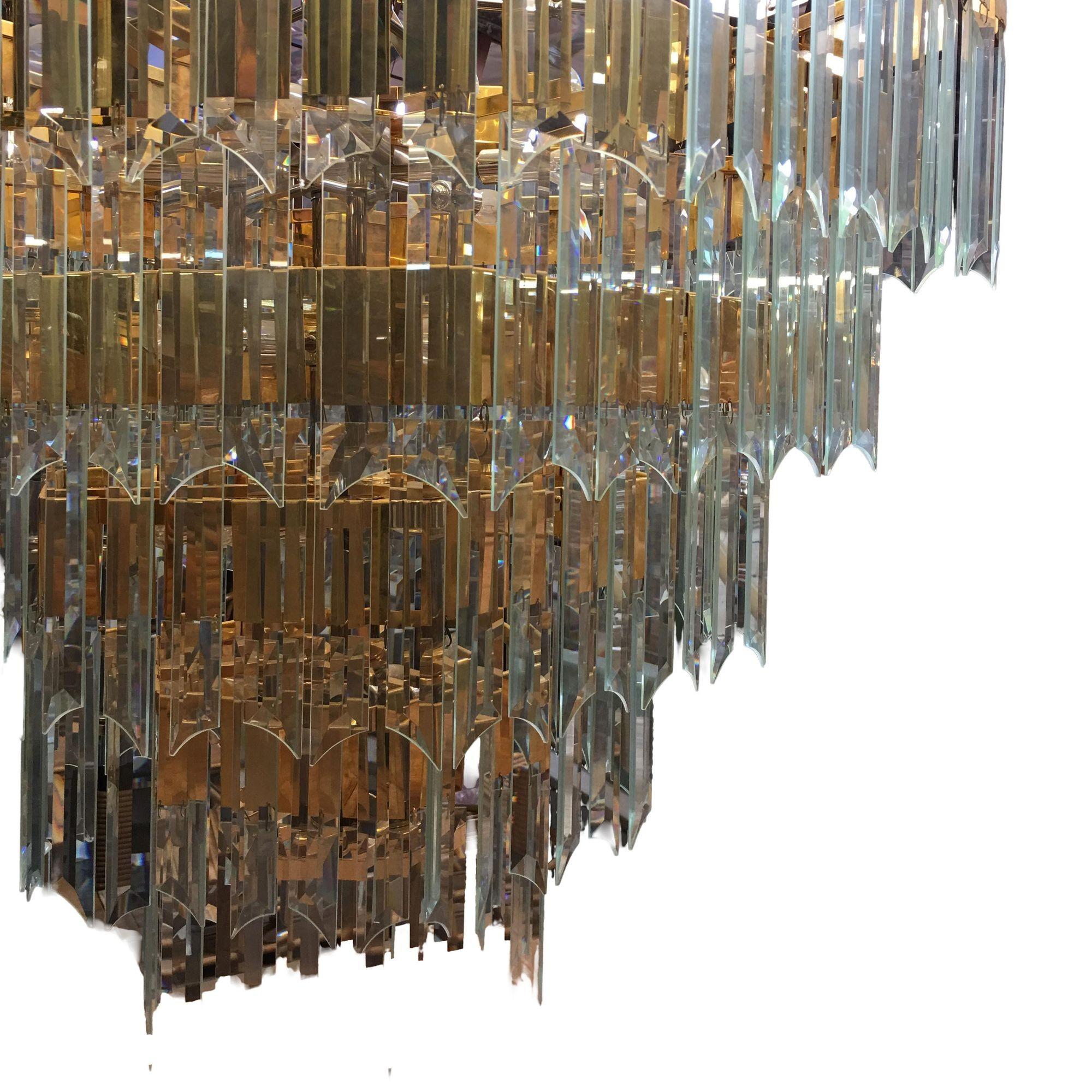 1970s Modernist Hanging Crystal Brass Chandelier For Sale 2