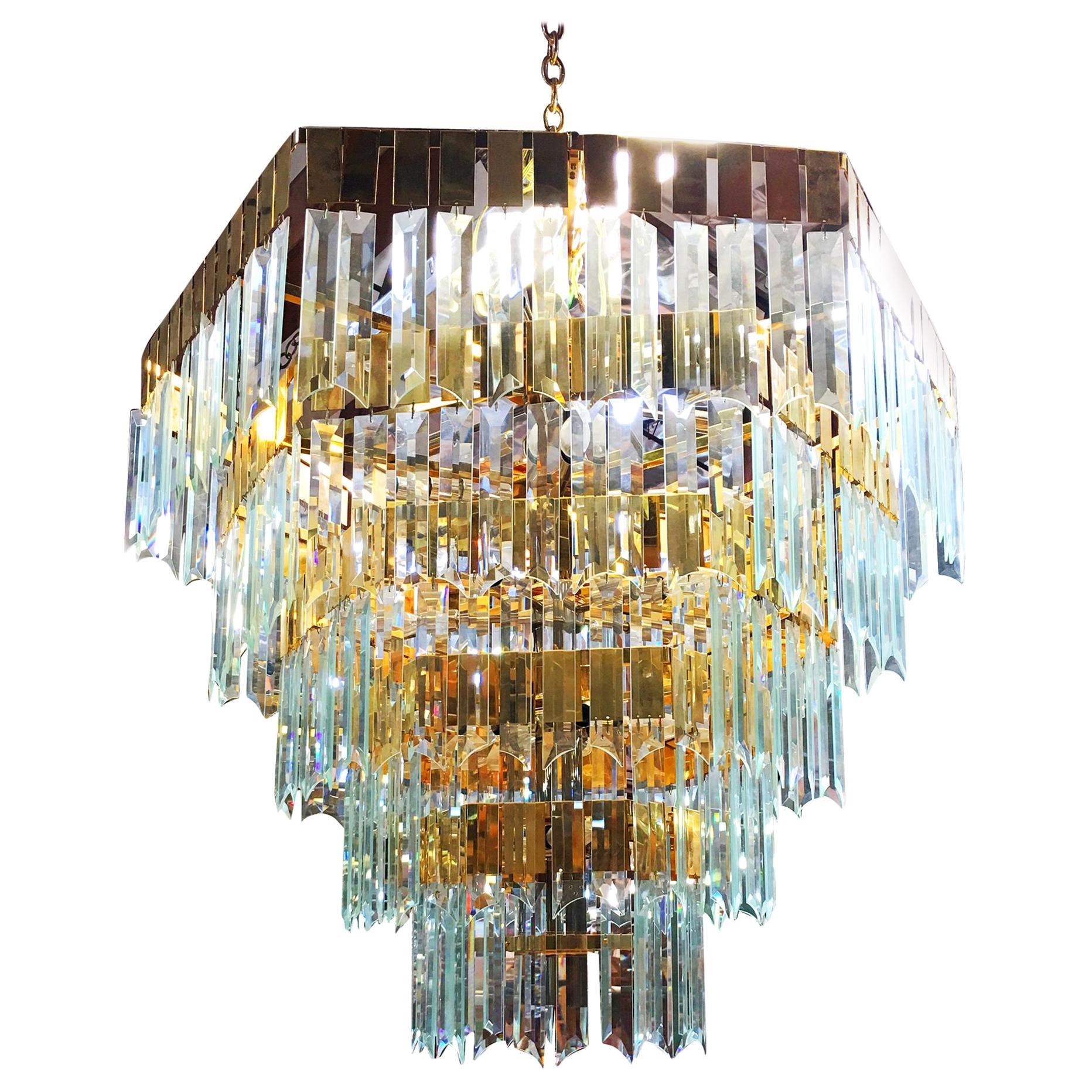 1970s Modernist Hanging Crystal Brass Chandelier For Sale