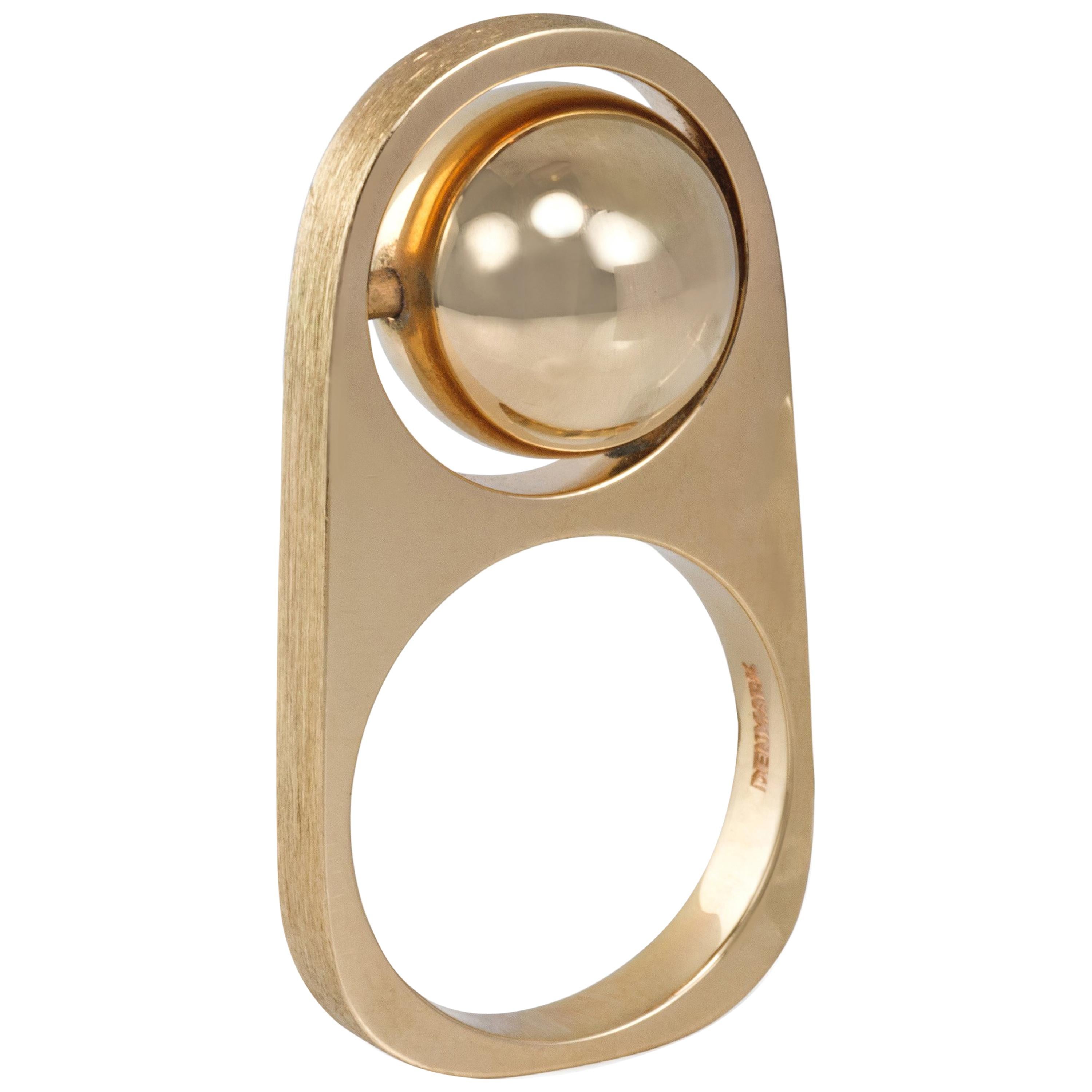 1970s Modernist Hans Hansen Rotating Ball Gold Ring