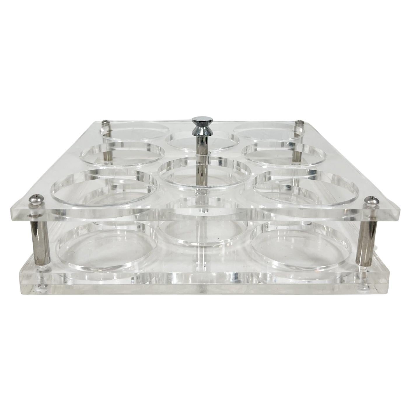 1970s Modernist Lucite Beverage Bar Drink Carrier Eight Glass Serving Tray