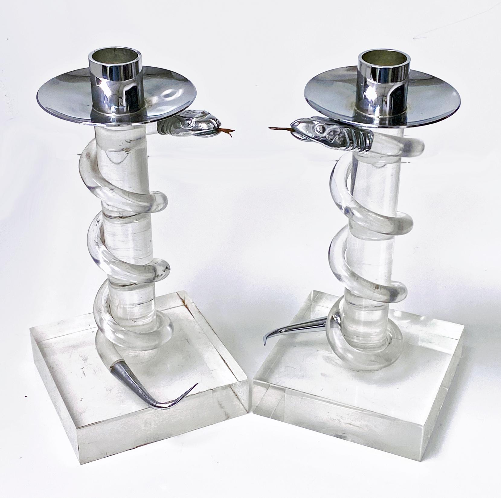 Late 20th Century 1970's Modernist mixed media brass and Lucite candlesticks Albrizzi