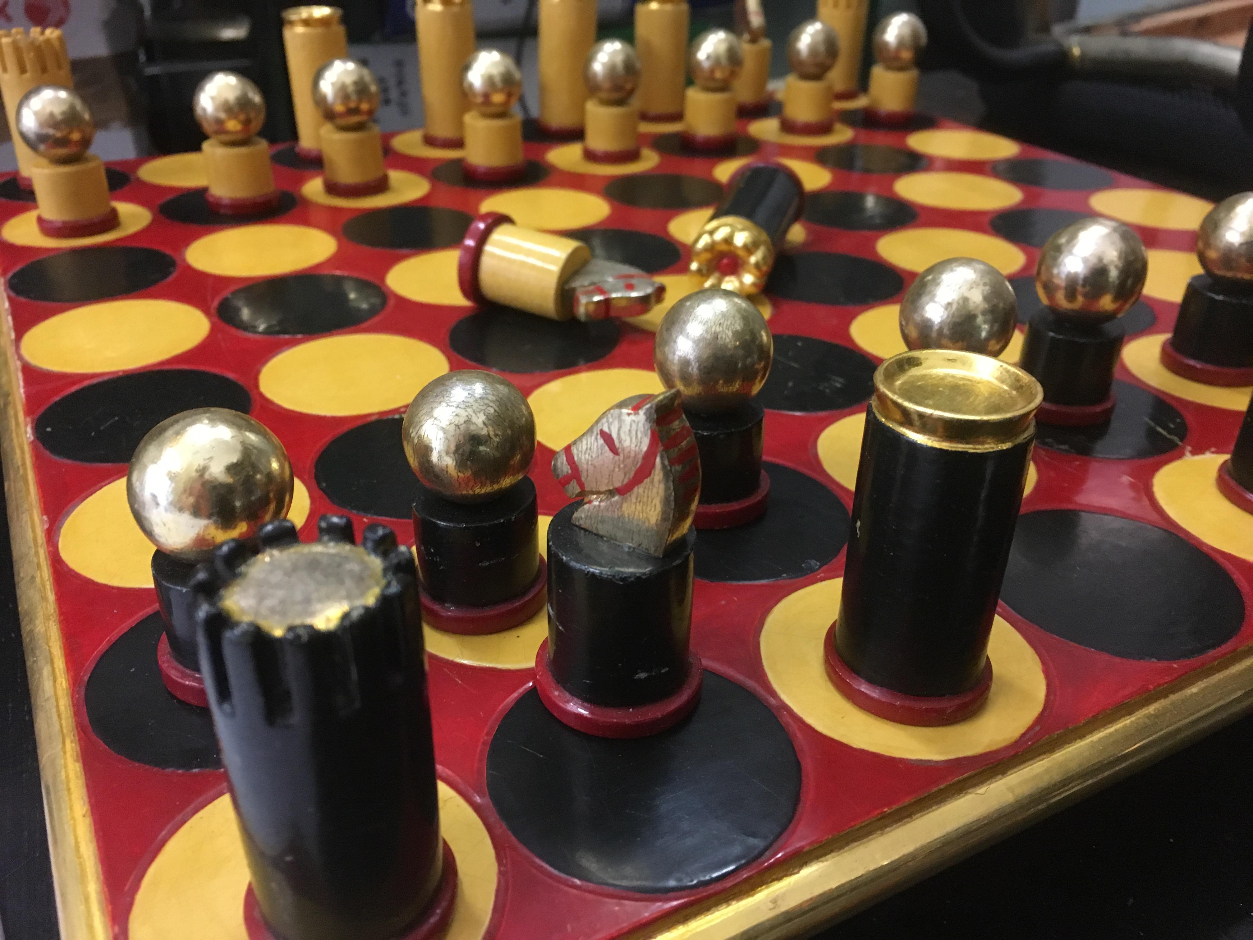 Italian 1970s Modernist Painted and Gilded Wood Chess Set