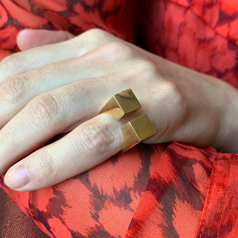 1970s Modernist Pierre Cardin Double Cube Design Gold Ring at