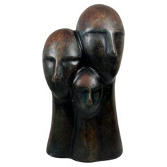 1970s Modernist Pottery Art Abstract 3-Head Sculpture Terracotta Bronze Trio